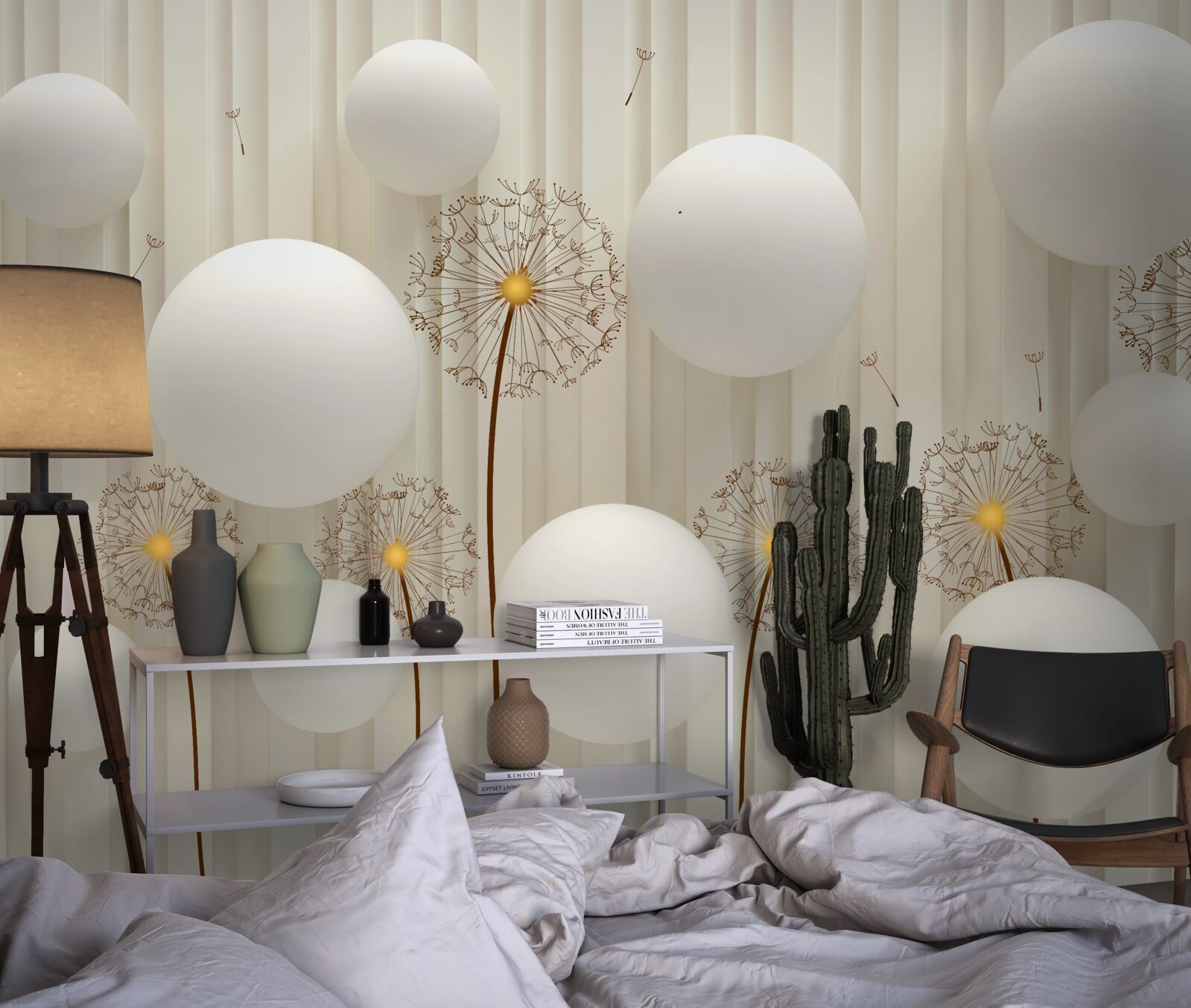 Fototapeta kompozícia s bielymi púpavami, zdobená guličkami