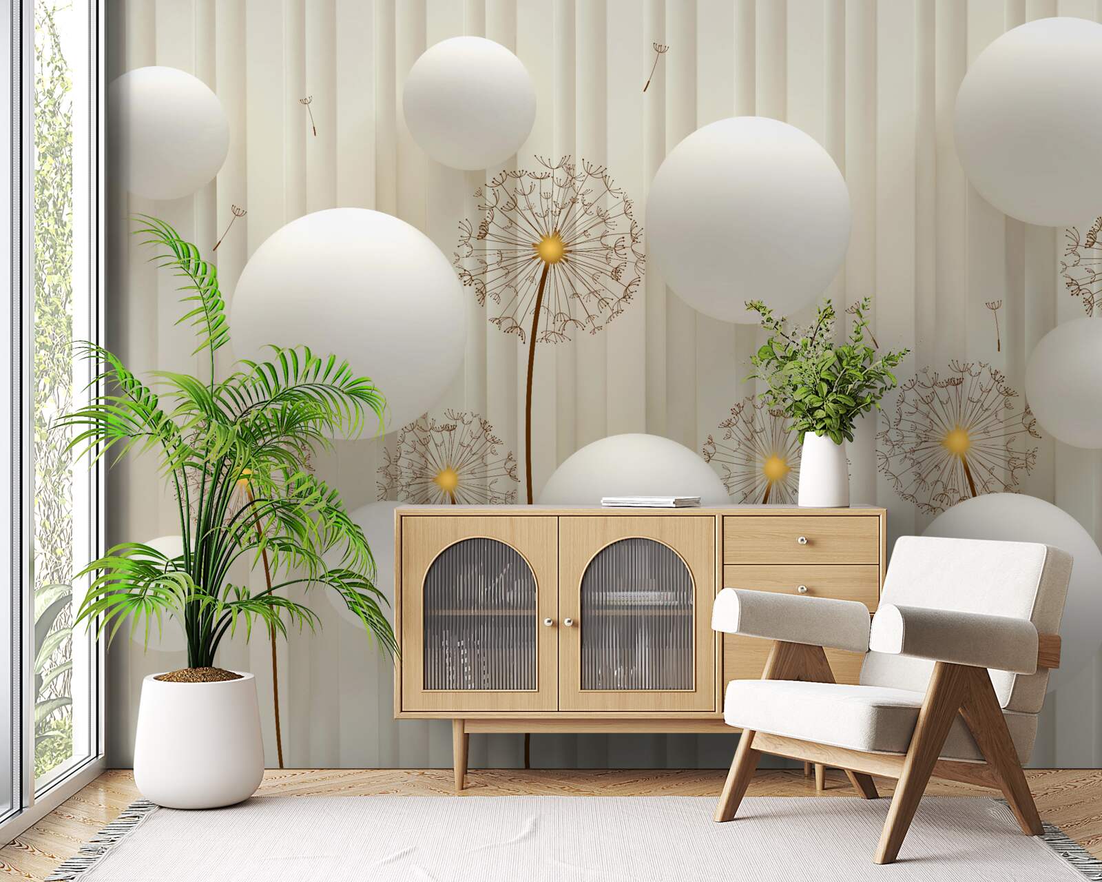 Fototapeta kompozícia s bielymi púpavami, zdobená guličkami