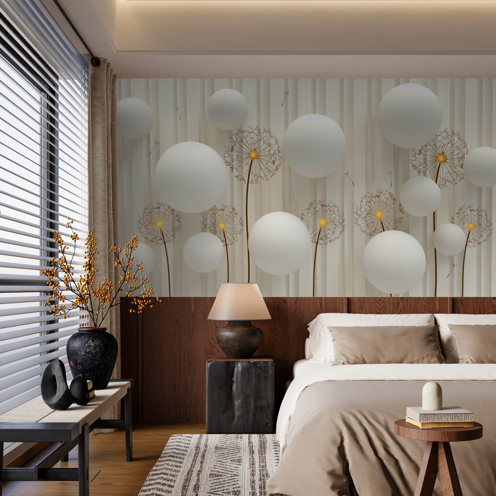 Fototapeta kompozícia s bielymi púpavami, zdobená guličkami