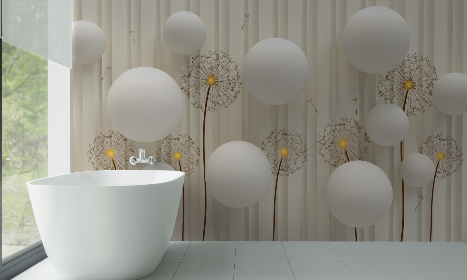 Fototapeta kompozícia s bielymi púpavami, zdobená guličkami