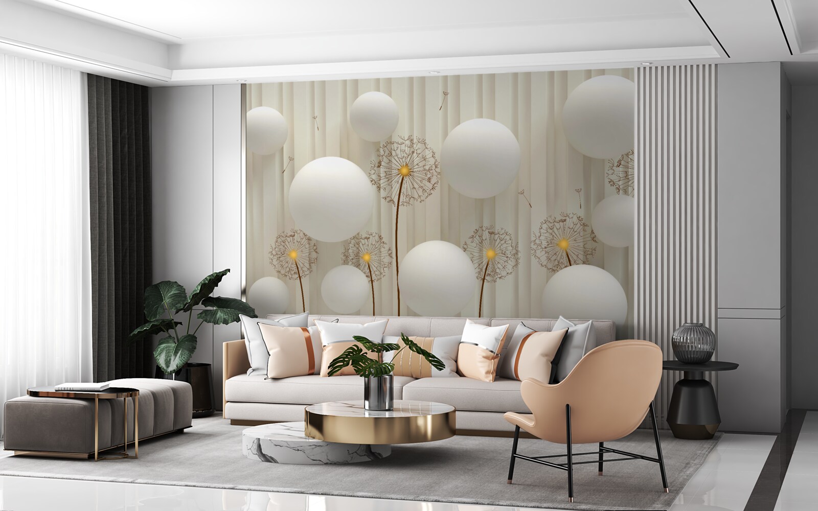 Fototapeta kompozícia s bielymi púpavami, zdobená guličkami