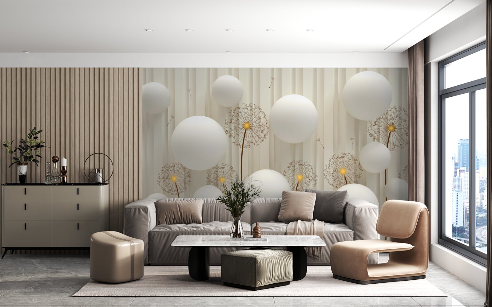 Fototapeta kompozícia s bielymi púpavami, zdobená guličkami