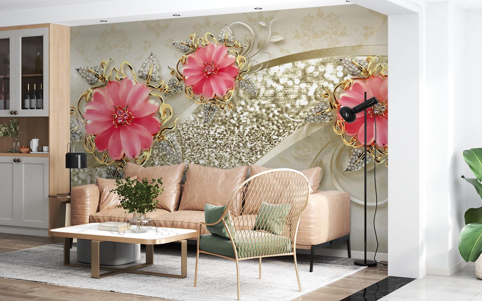 Fototapeta Gerbera púčiky červeného odtieňa na zlatých vetvách