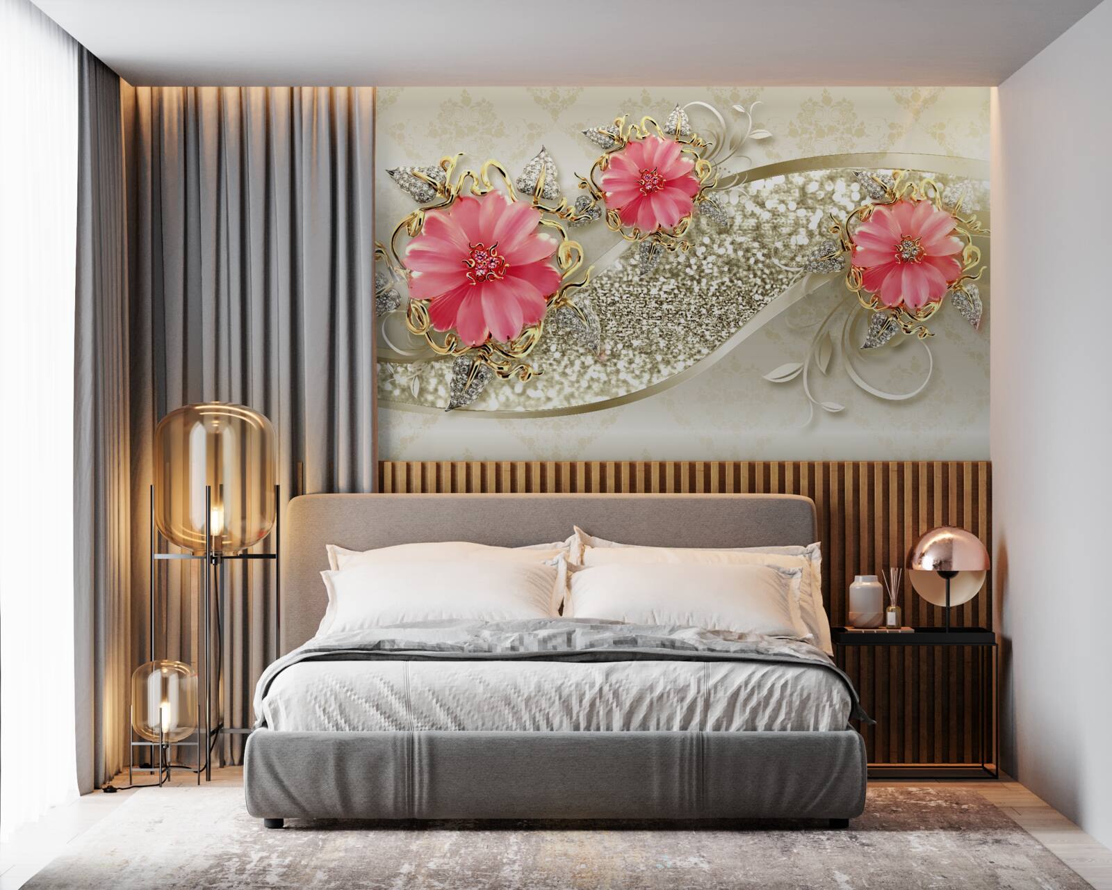 Fototapeta Gerbera púčiky červeného odtieňa na zlatých vetvách