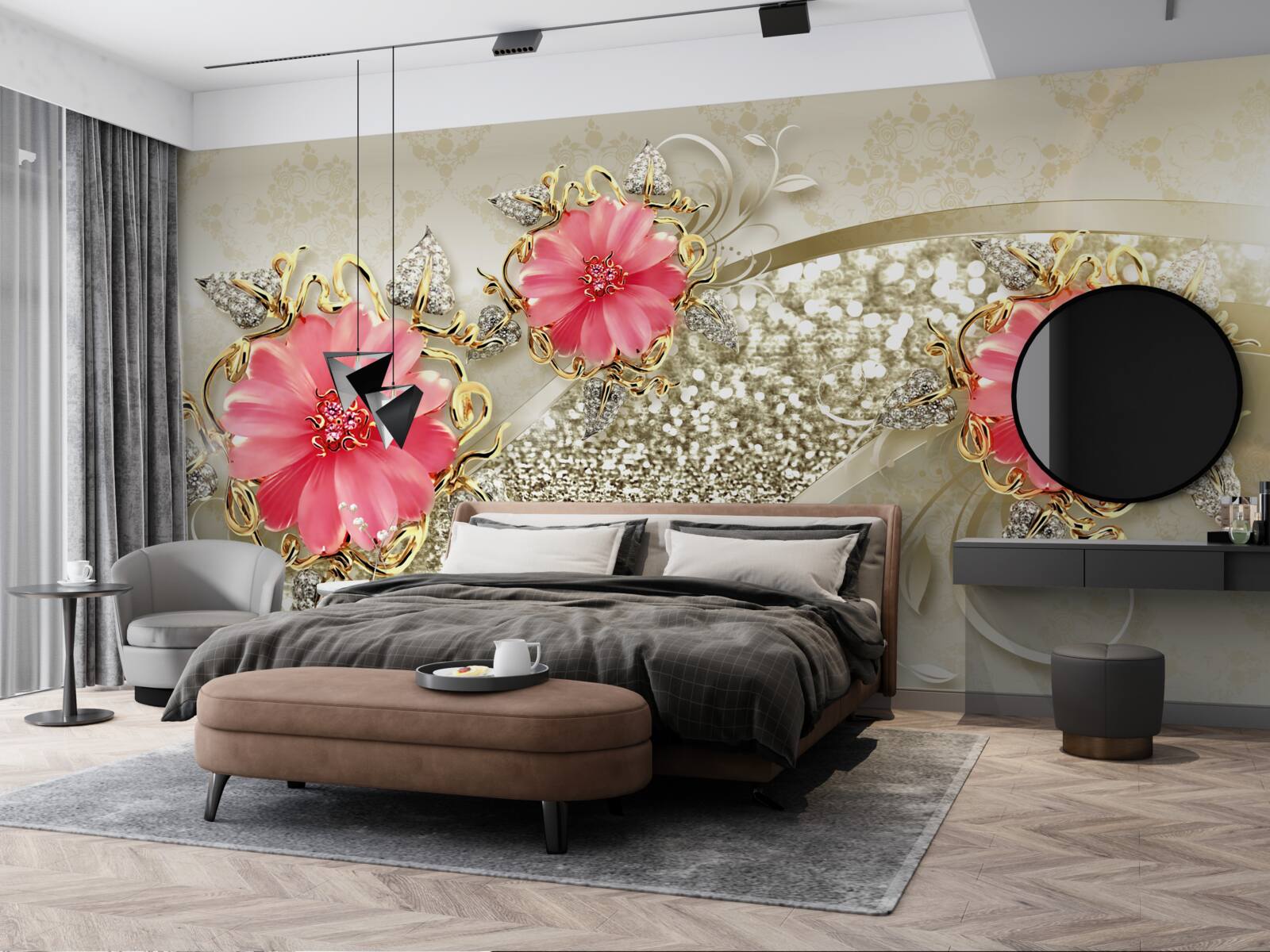 Fototapeta Gerbera púčiky červeného odtieňa na zlatých vetvách