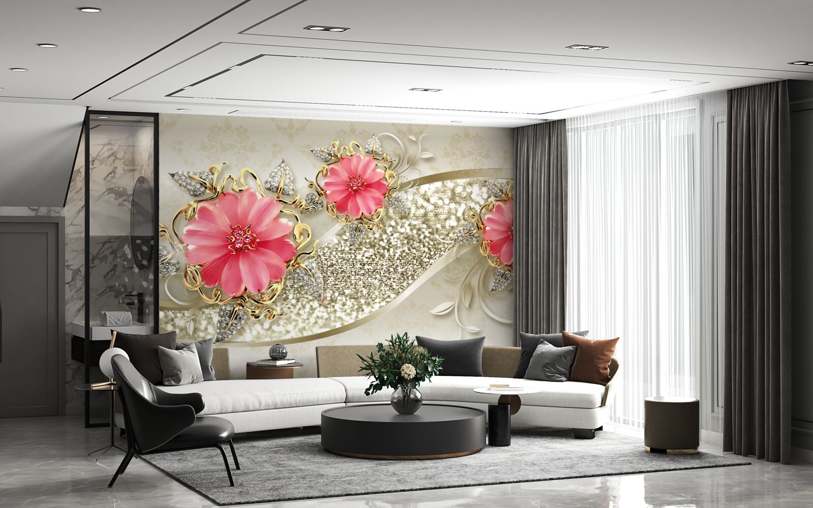 Fototapeta Gerbera púčiky červeného odtieňa na zlatých vetvách