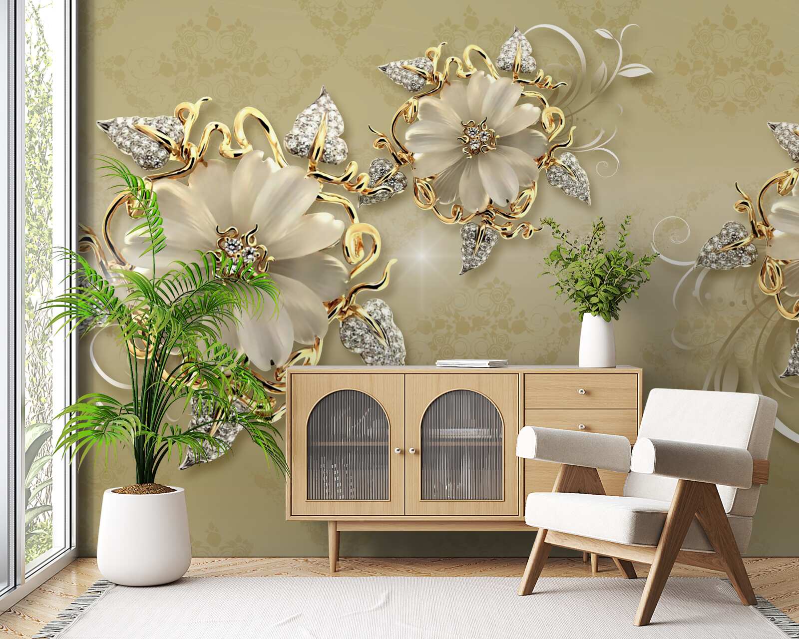 Fototapeta kvety sú snehobiele a vetvičky sa lesknú zlatom a striebrom