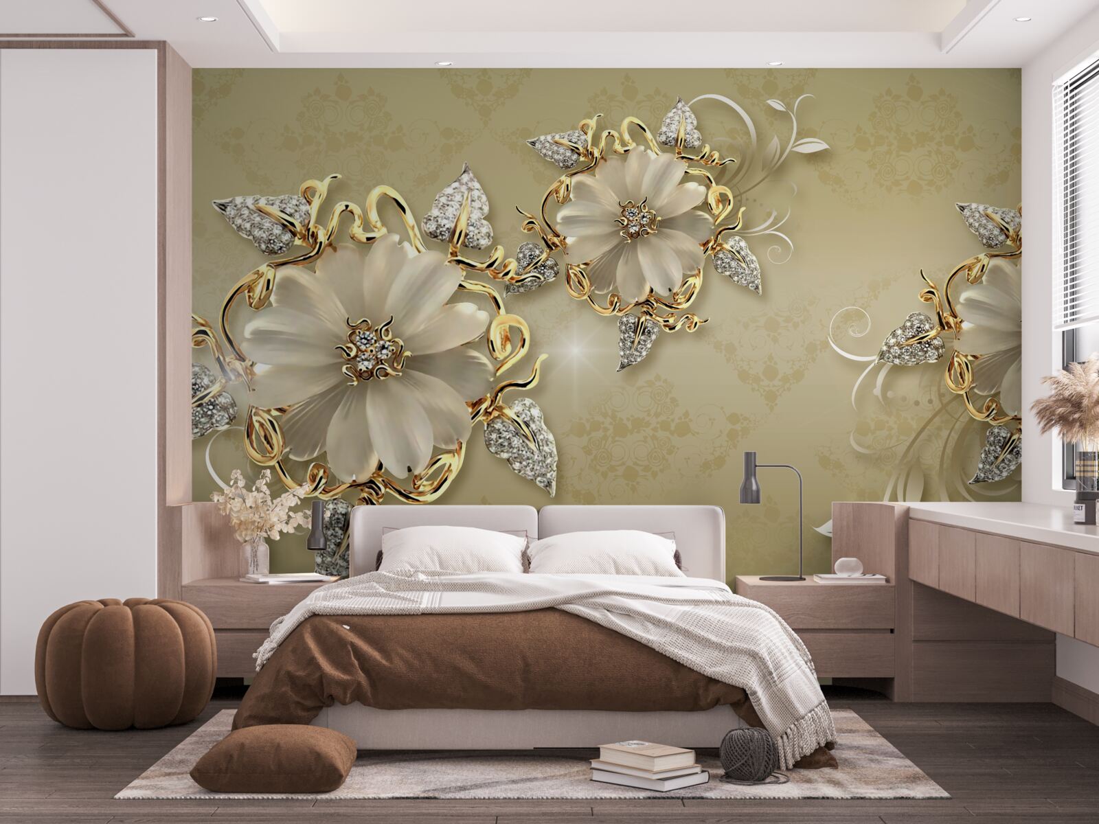 Fototapeta kvety sú snehobiele a vetvičky sa lesknú zlatom a striebrom