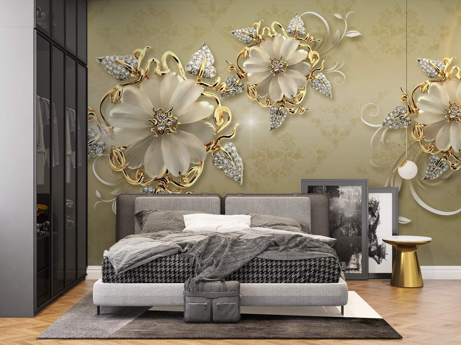 Fototapeta kvety sú snehobiele a vetvičky sa lesknú zlatom a striebrom