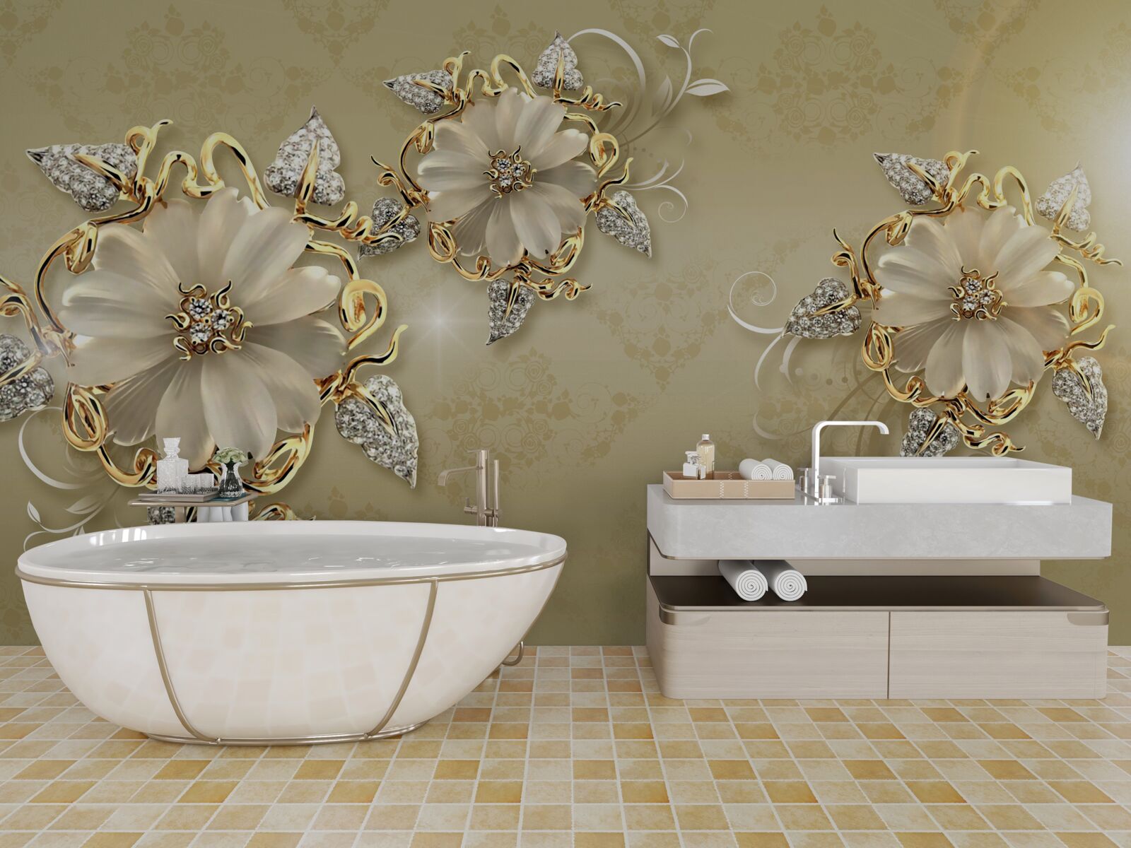 Fototapeta kvety sú snehobiele a vetvičky sa lesknú zlatom a striebrom