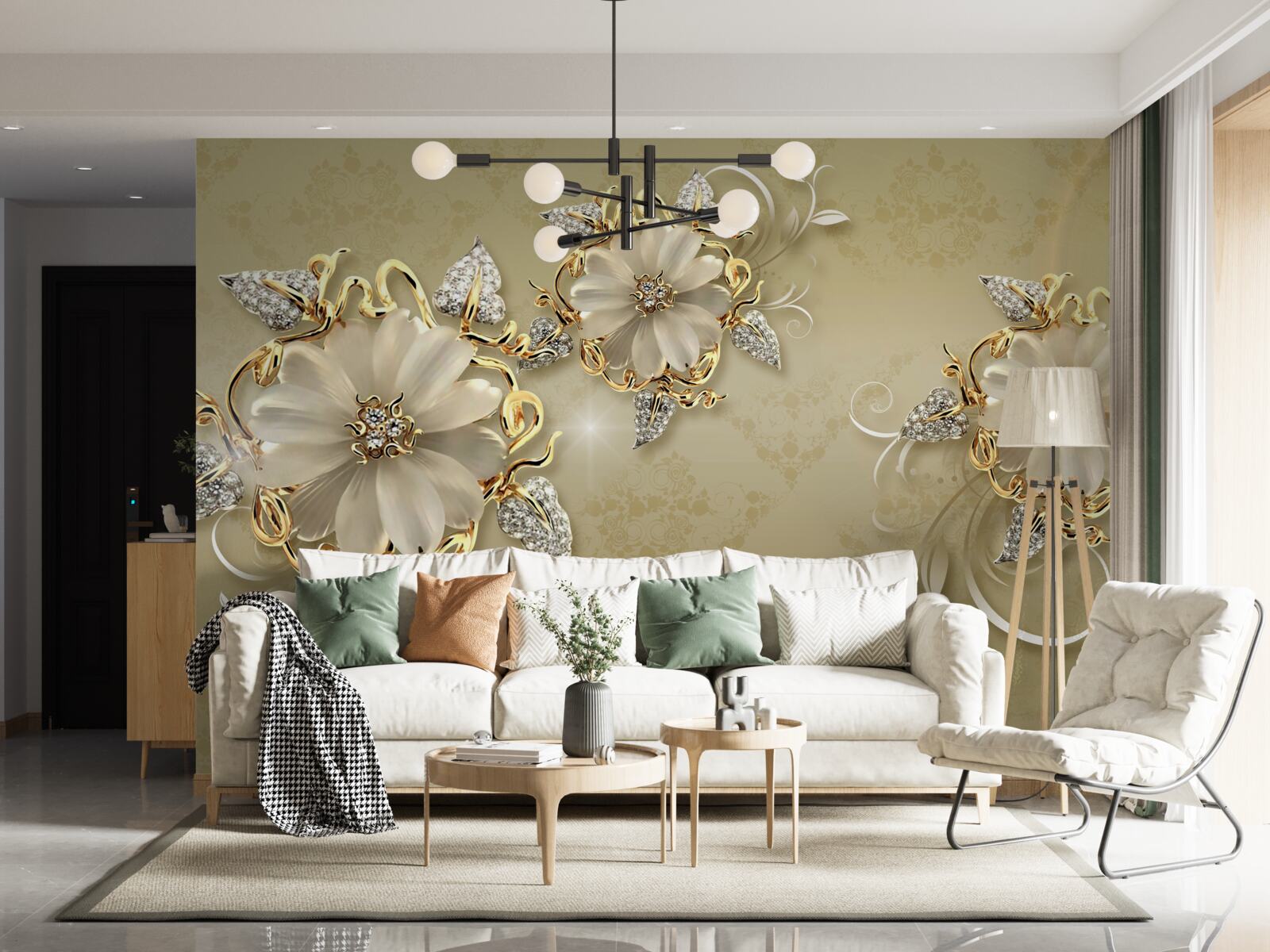 Fototapeta kvety sú snehobiele a vetvičky sa lesknú zlatom a striebrom