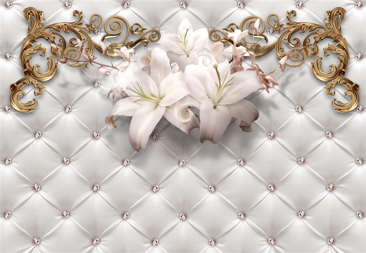Fototapeta kvety v odtieňoch bielej, zdobené kryštálmi a zlatom