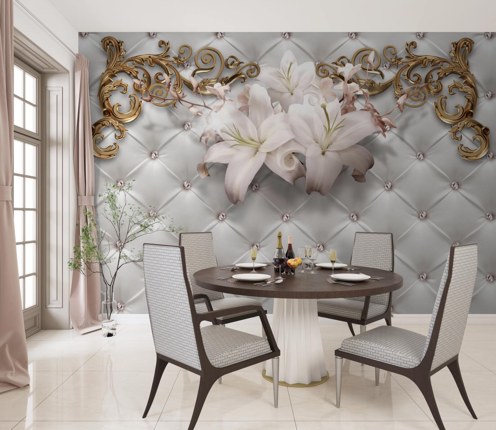 Fototapeta kvety v odtieňoch bielej, zdobené kryštálmi a zlatom