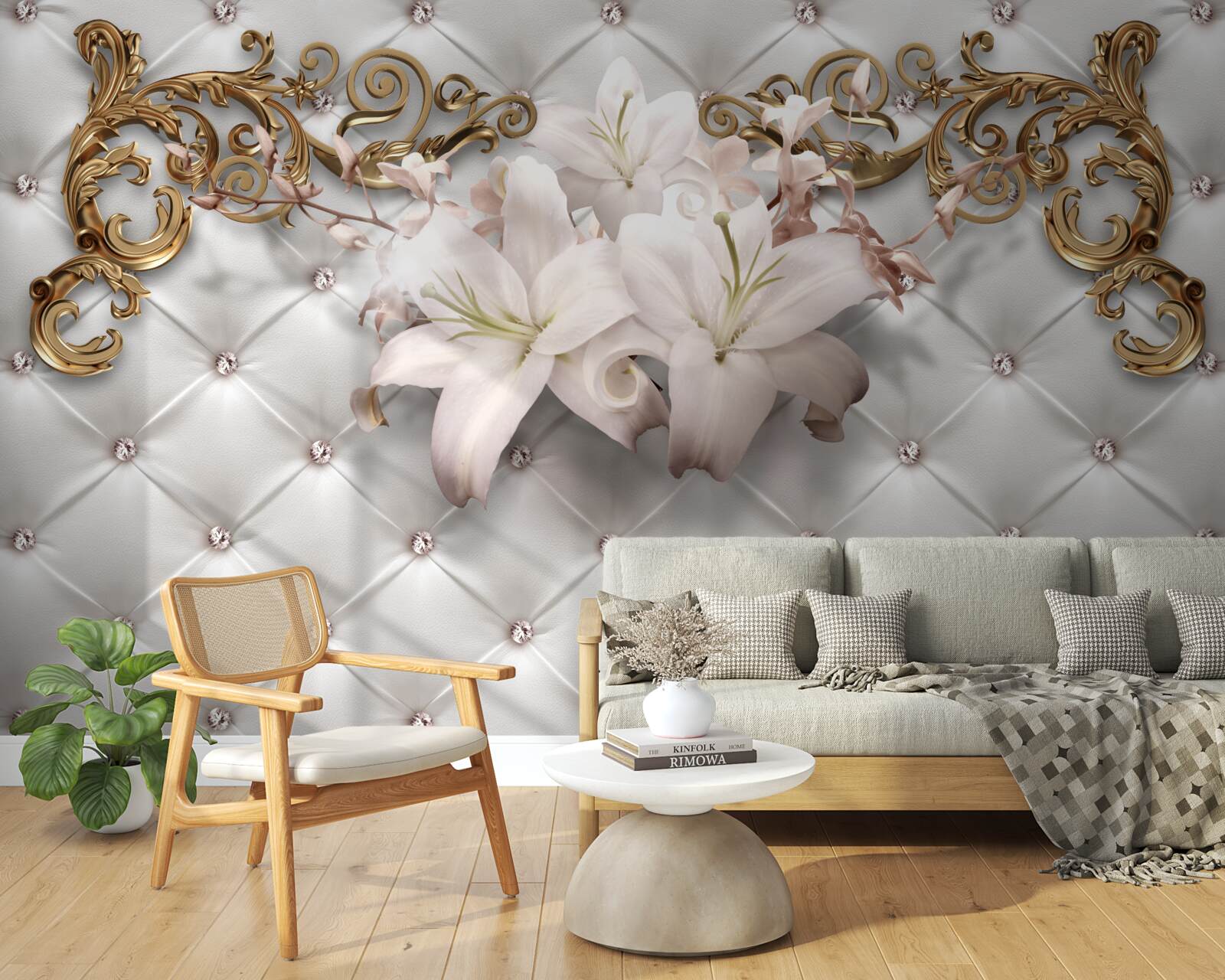 Fototapeta kvety v odtieňoch bielej, zdobené kryštálmi a zlatom