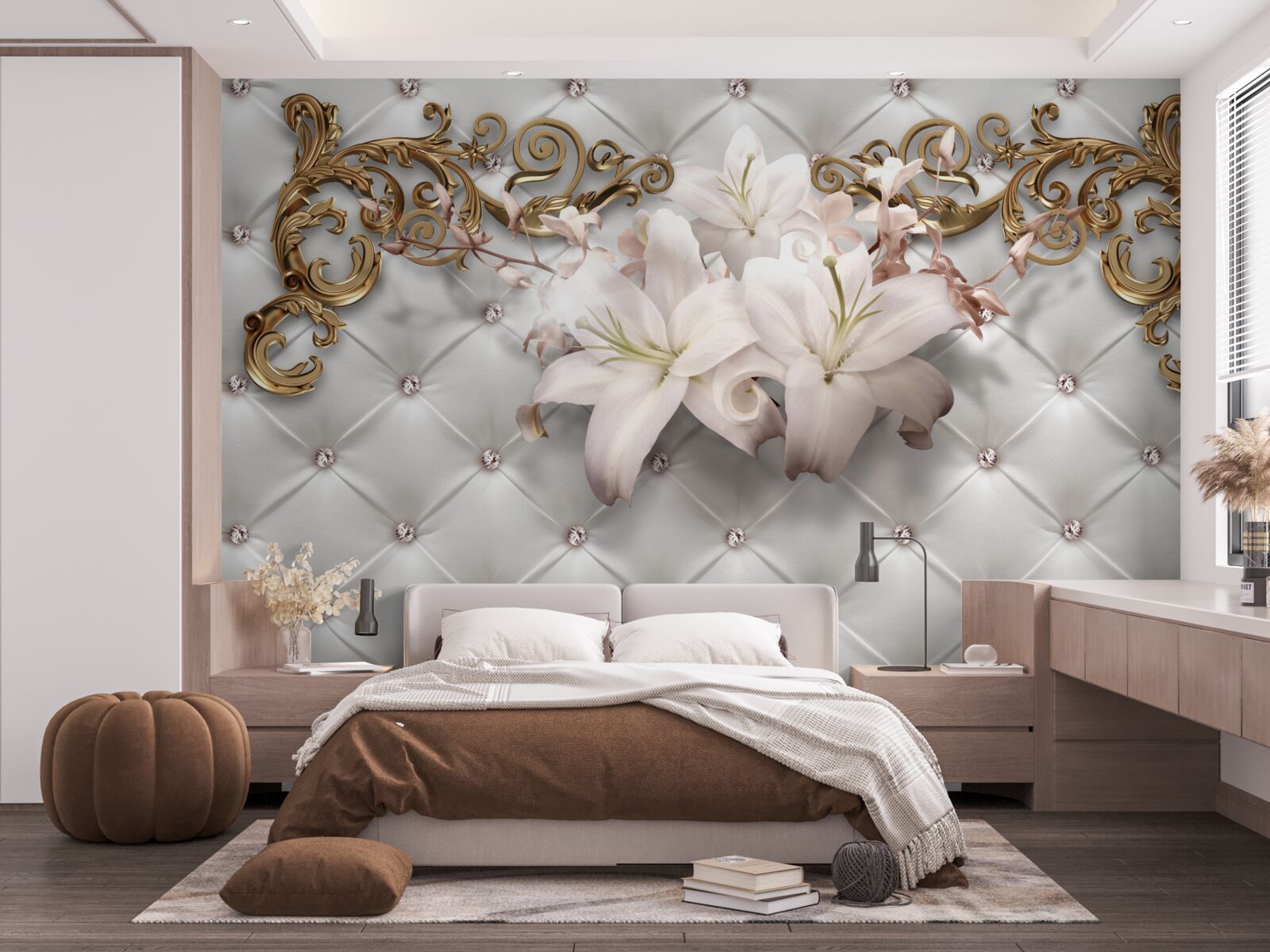 Fototapeta kvety v odtieňoch bielej, zdobené kryštálmi a zlatom