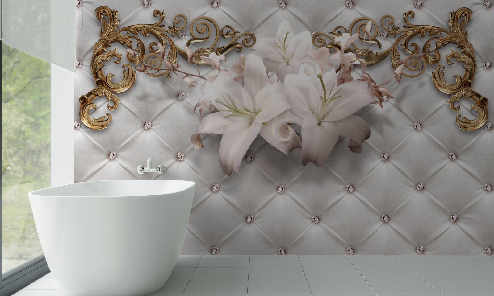 Fototapeta kvety v odtieňoch bielej, zdobené kryštálmi a zlatom