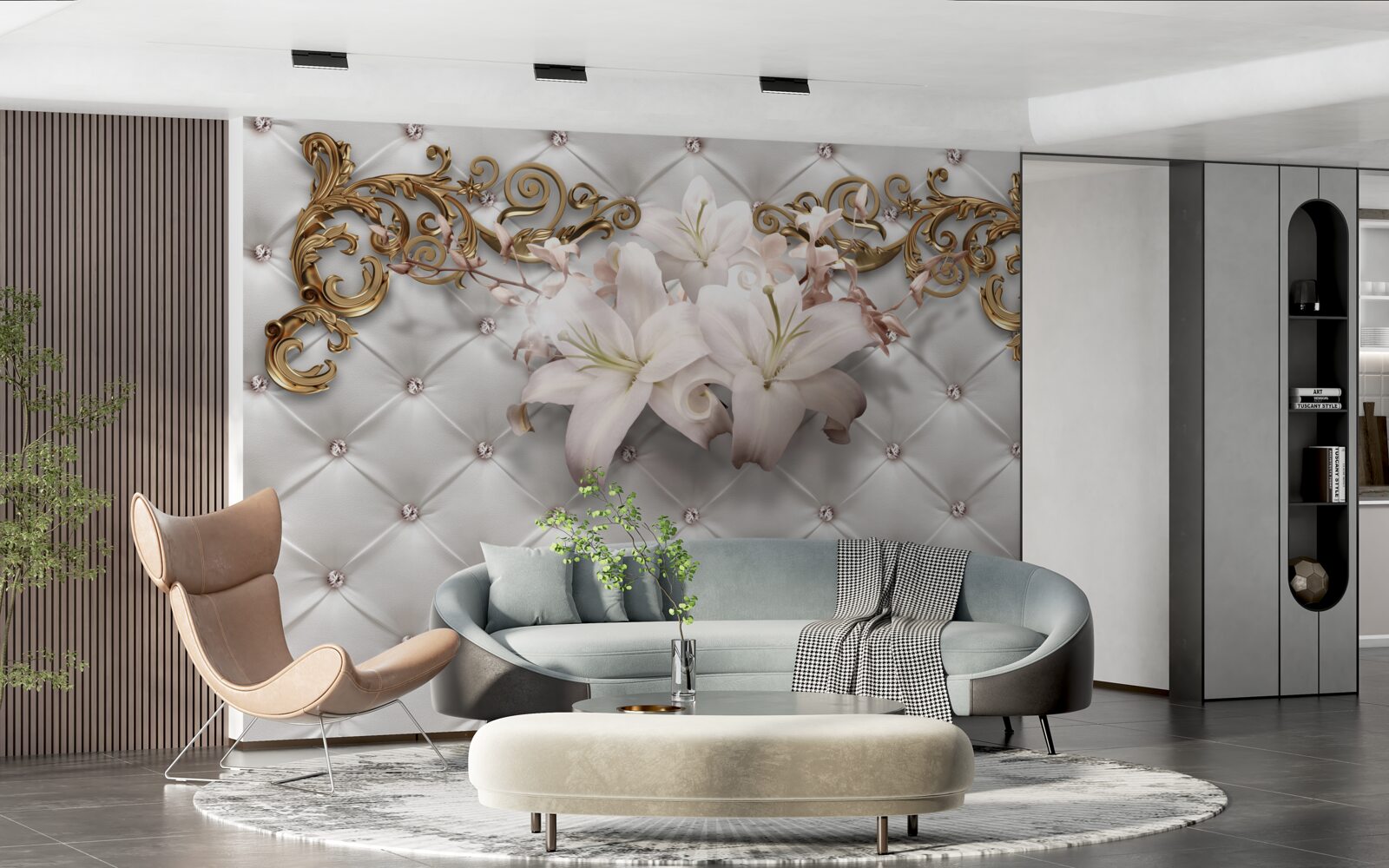 Fototapeta kvety v odtieňoch bielej, zdobené kryštálmi a zlatom