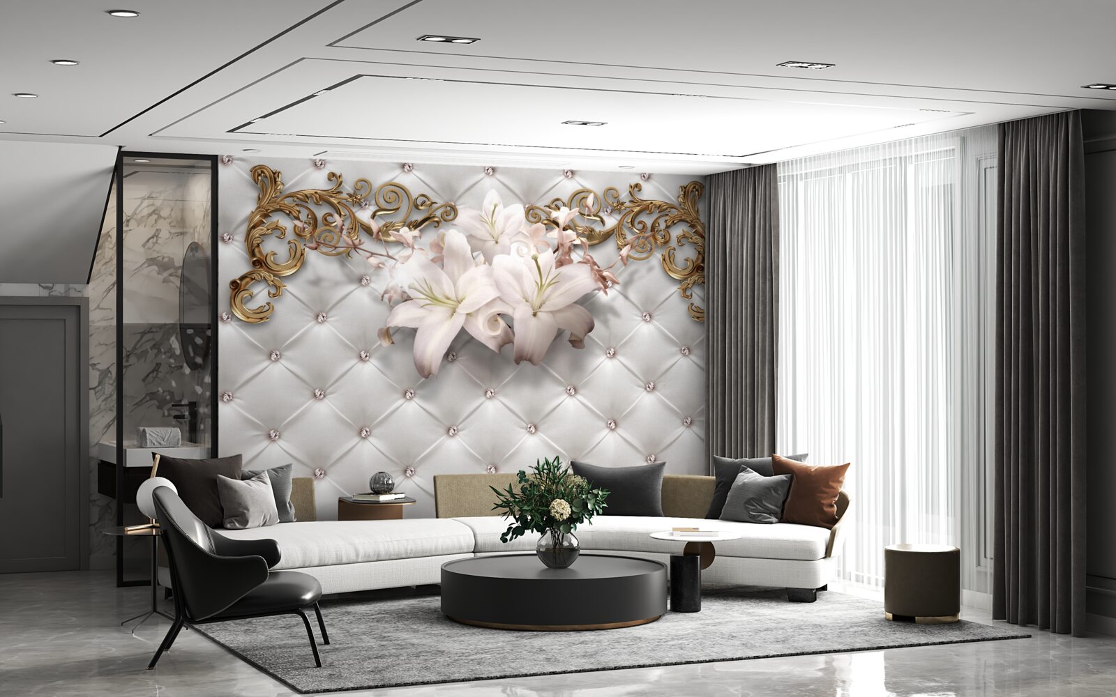 Fototapeta kvety v odtieňoch bielej, zdobené kryštálmi a zlatom