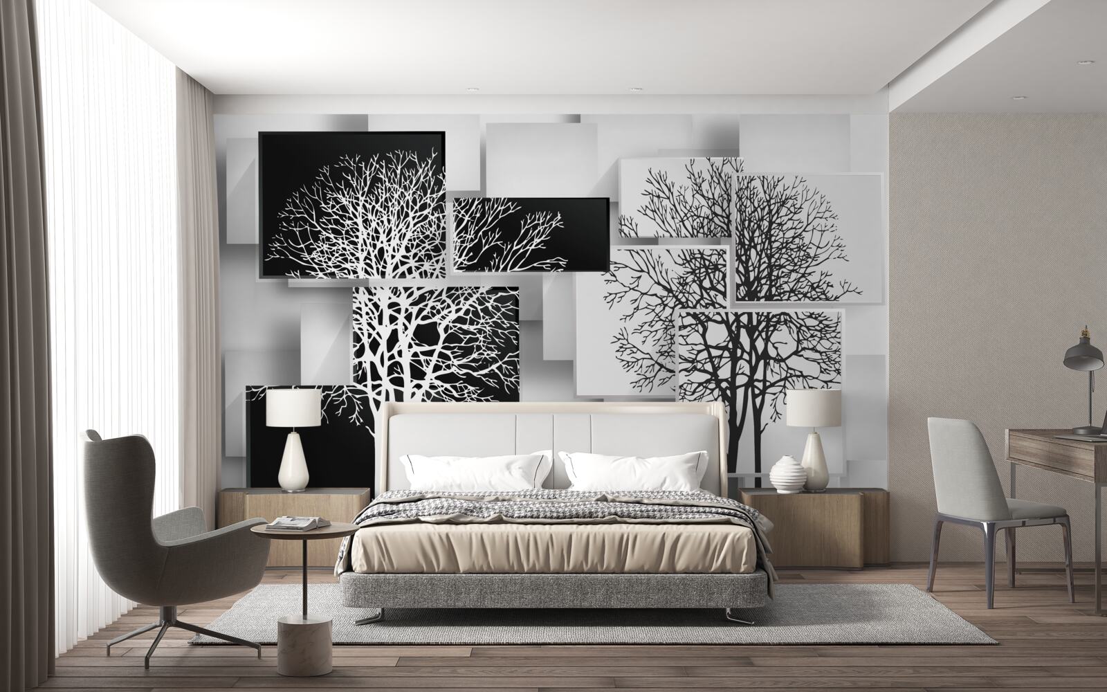 Fototapeta stromy sú čierne a biele na pozadí obdĺžnikov