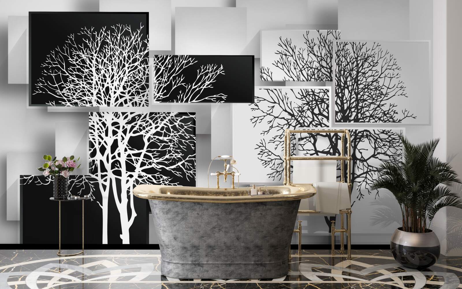 Fototapeta stromy sú čierne a biele na pozadí obdĺžnikov