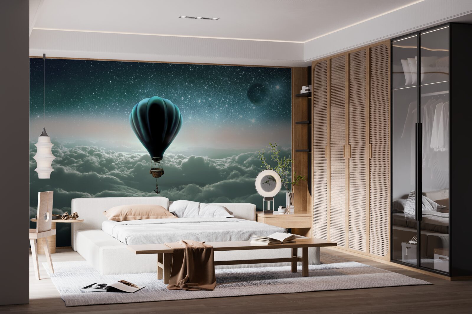 Fototapeta nočný teplovzdušný balón plávajúci nad oblakmi