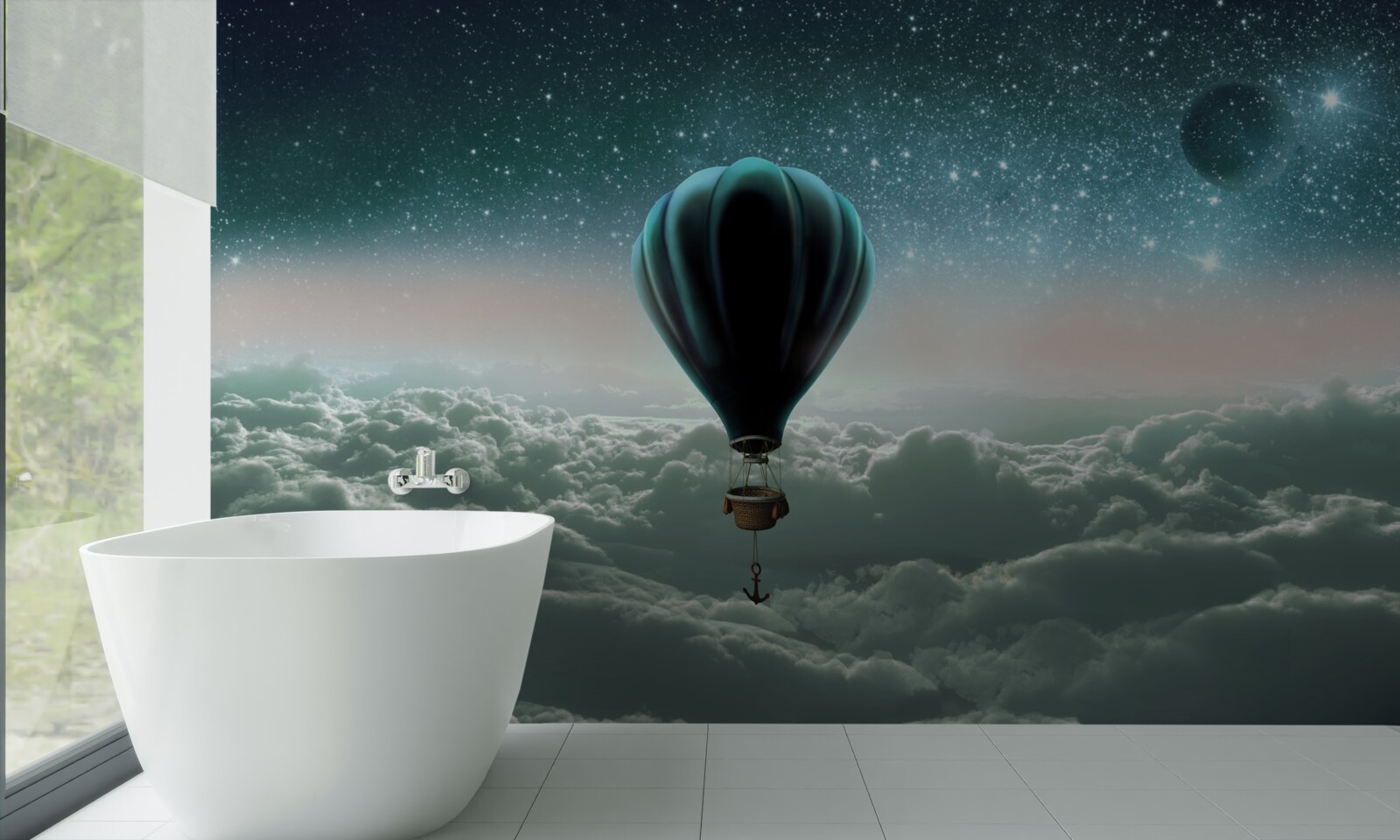 Fototapeta nočný teplovzdušný balón plávajúci nad oblakmi