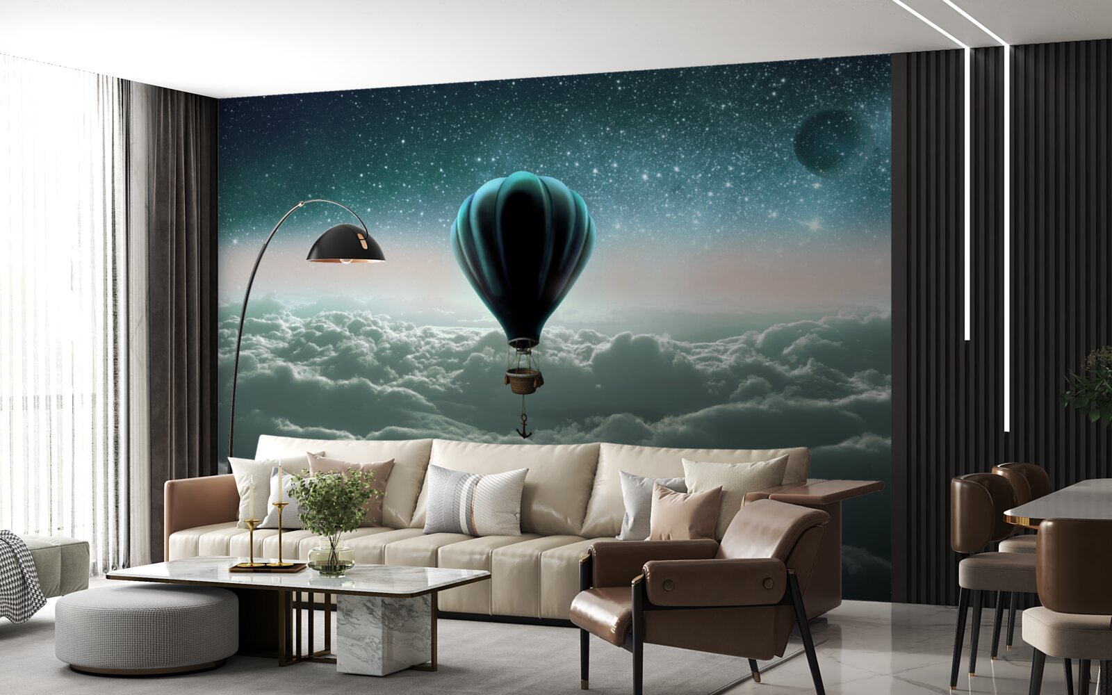 Fototapeta nočný teplovzdušný balón plávajúci nad oblakmi