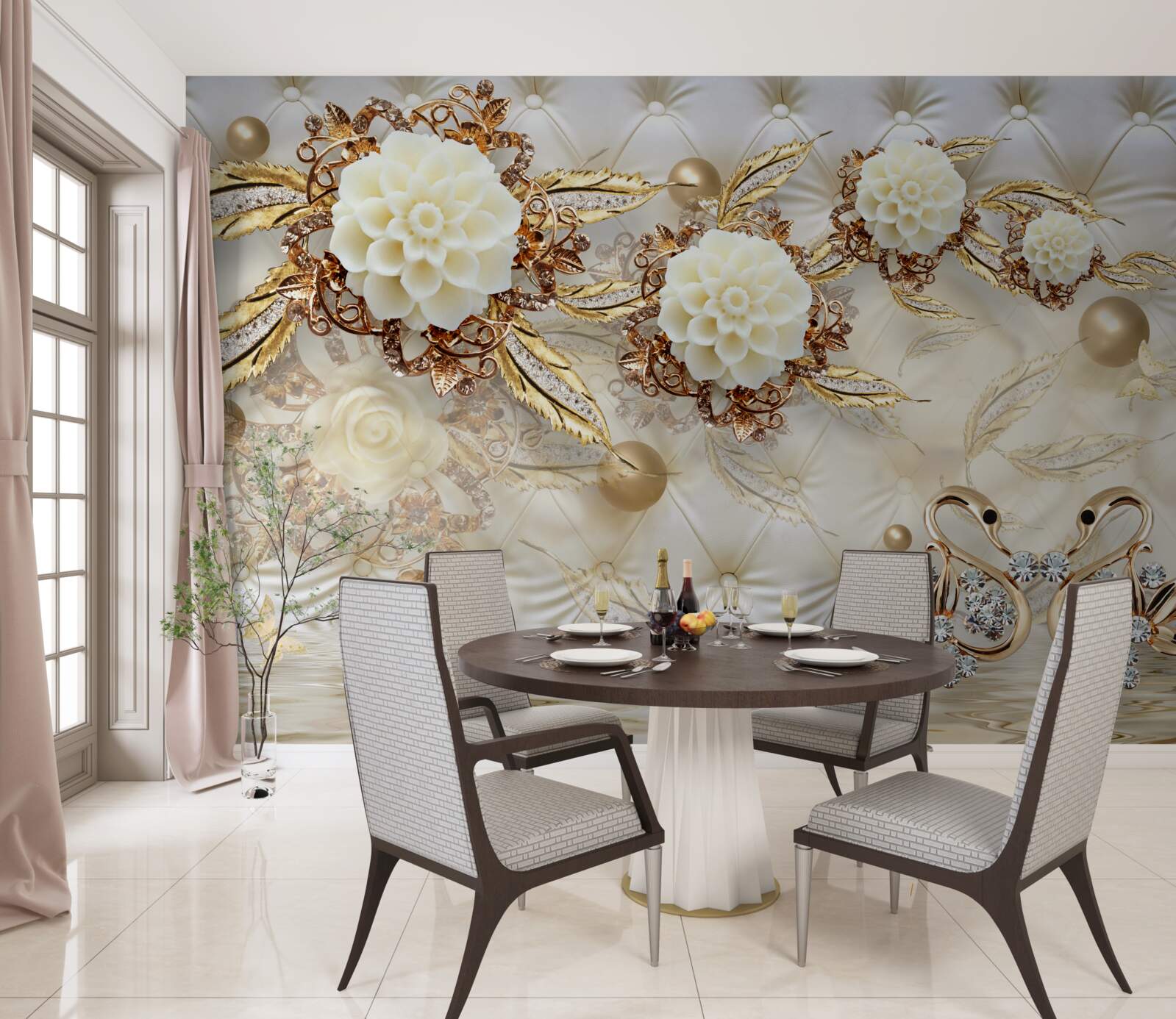 Fototapeta zlaté labute a svetlé púčiky na lesklom zlate