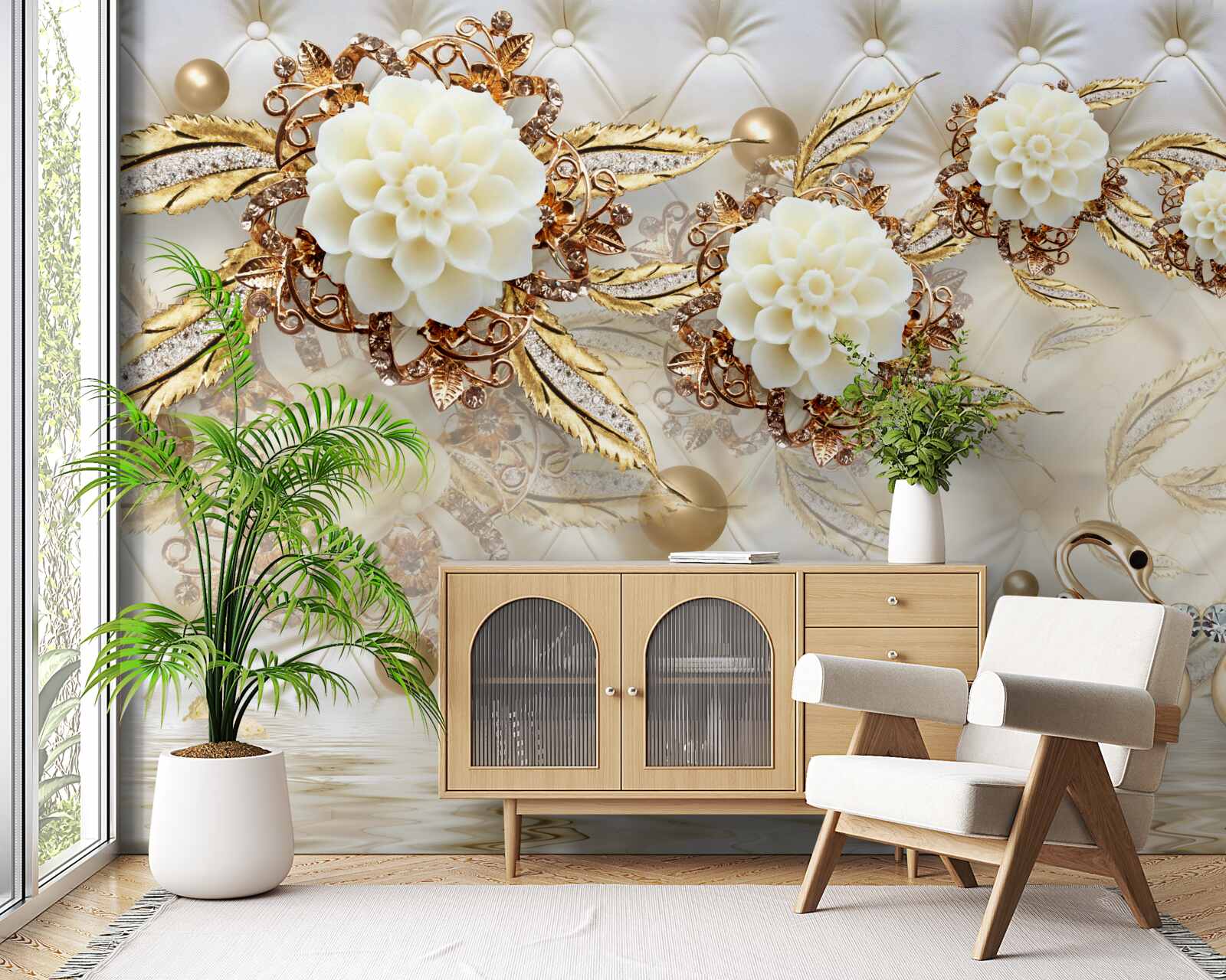 Fototapeta zlaté labute a svetlé púčiky na lesklom zlate