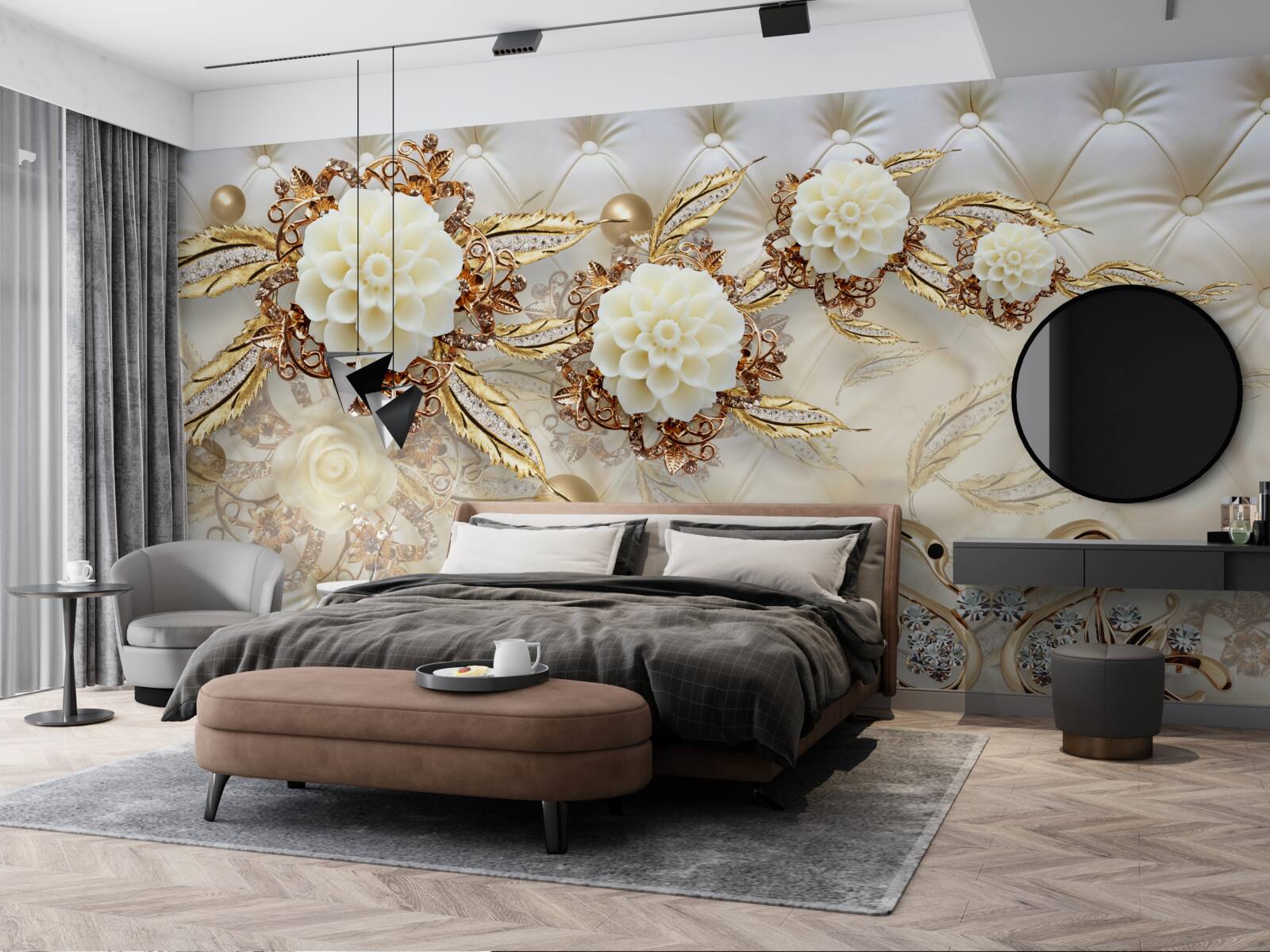 Fototapeta zlaté labute a svetlé púčiky na lesklom zlate