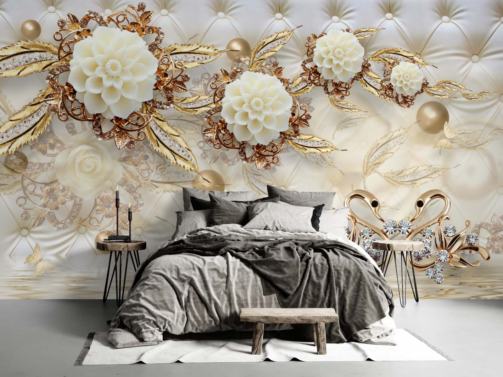 Fototapeta zlaté labute a svetlé púčiky na lesklom zlate