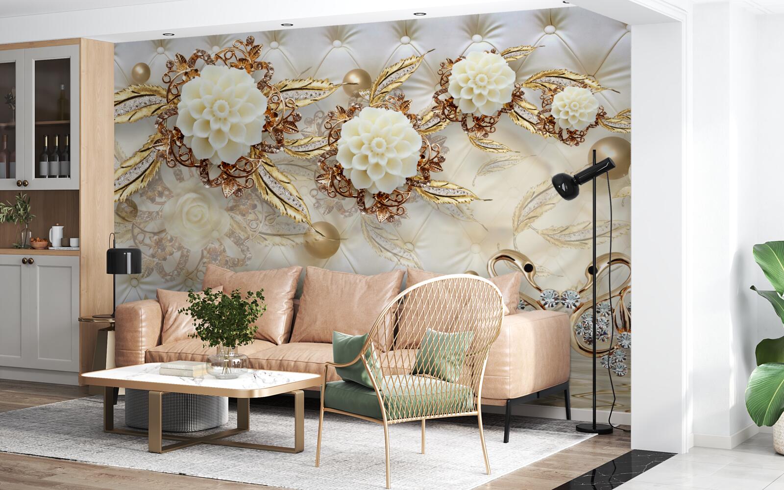 Fototapeta zlaté labute a svetlé púčiky na lesklom zlate