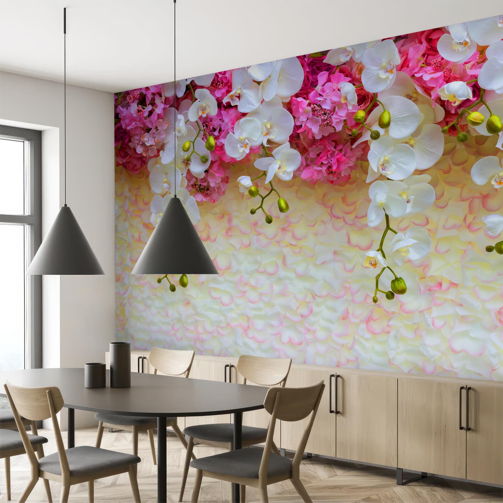 Fototapeta orchidey sú biele s ružovými odtieňmi, visiace nadol