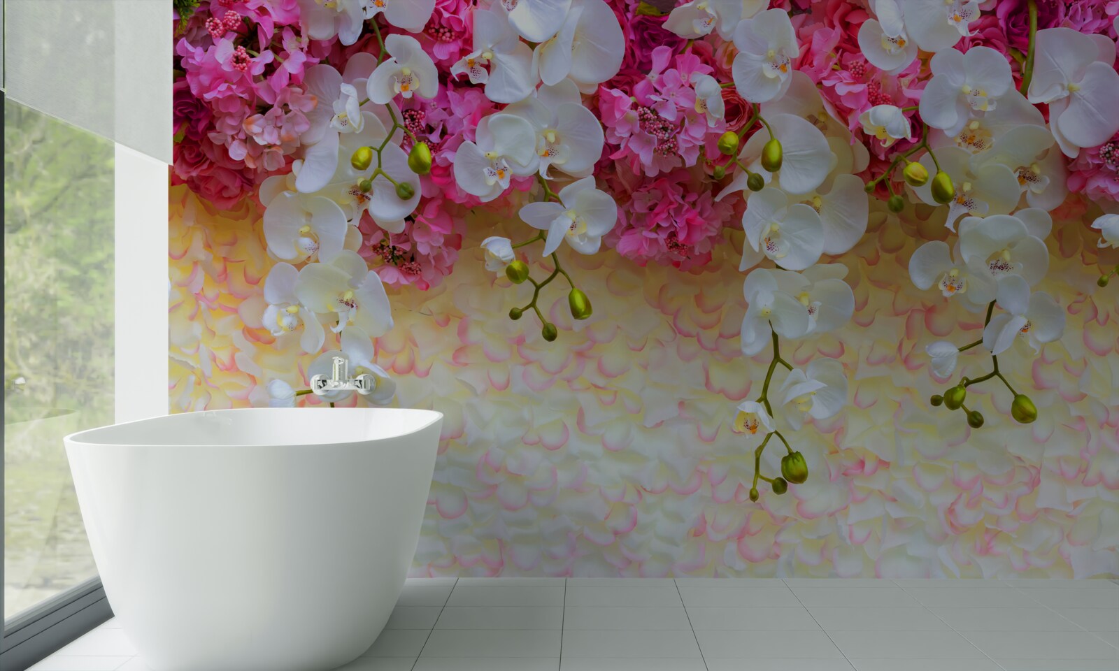 Fototapeta orchidey sú biele s ružovými odtieňmi, visiace nadol