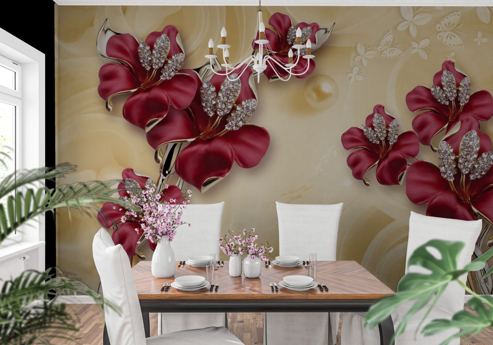 Fototapeta červená ľalia, zdobená kryštálmi a zlatom