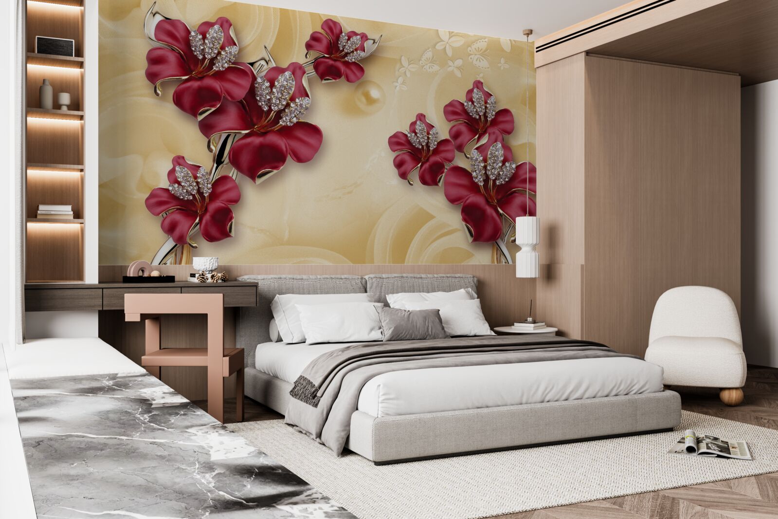 Fototapeta červená ľalia, zdobená kryštálmi a zlatom