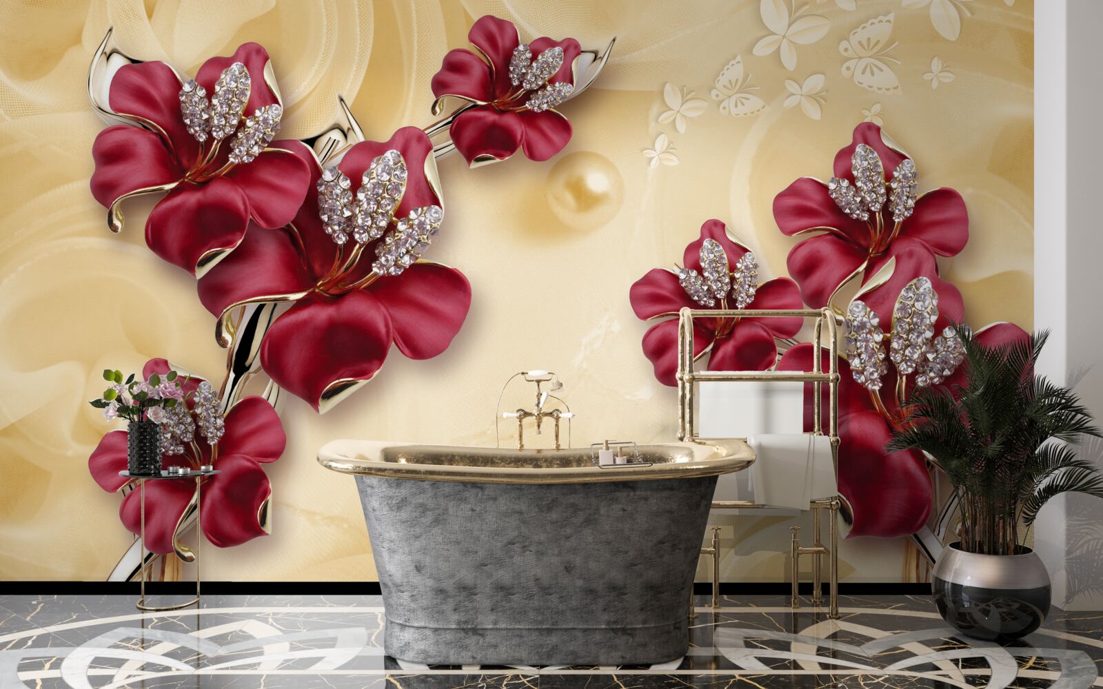 Fototapeta červená ľalia, zdobená kryštálmi a zlatom