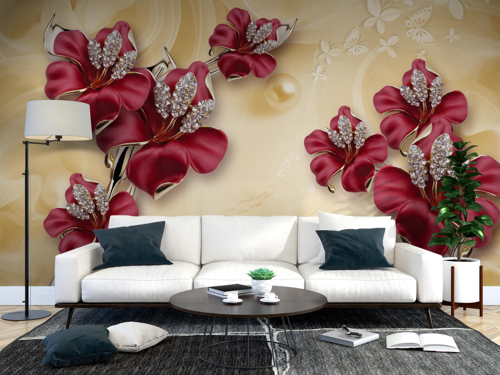 Fototapeta červená ľalia, zdobená kryštálmi a zlatom