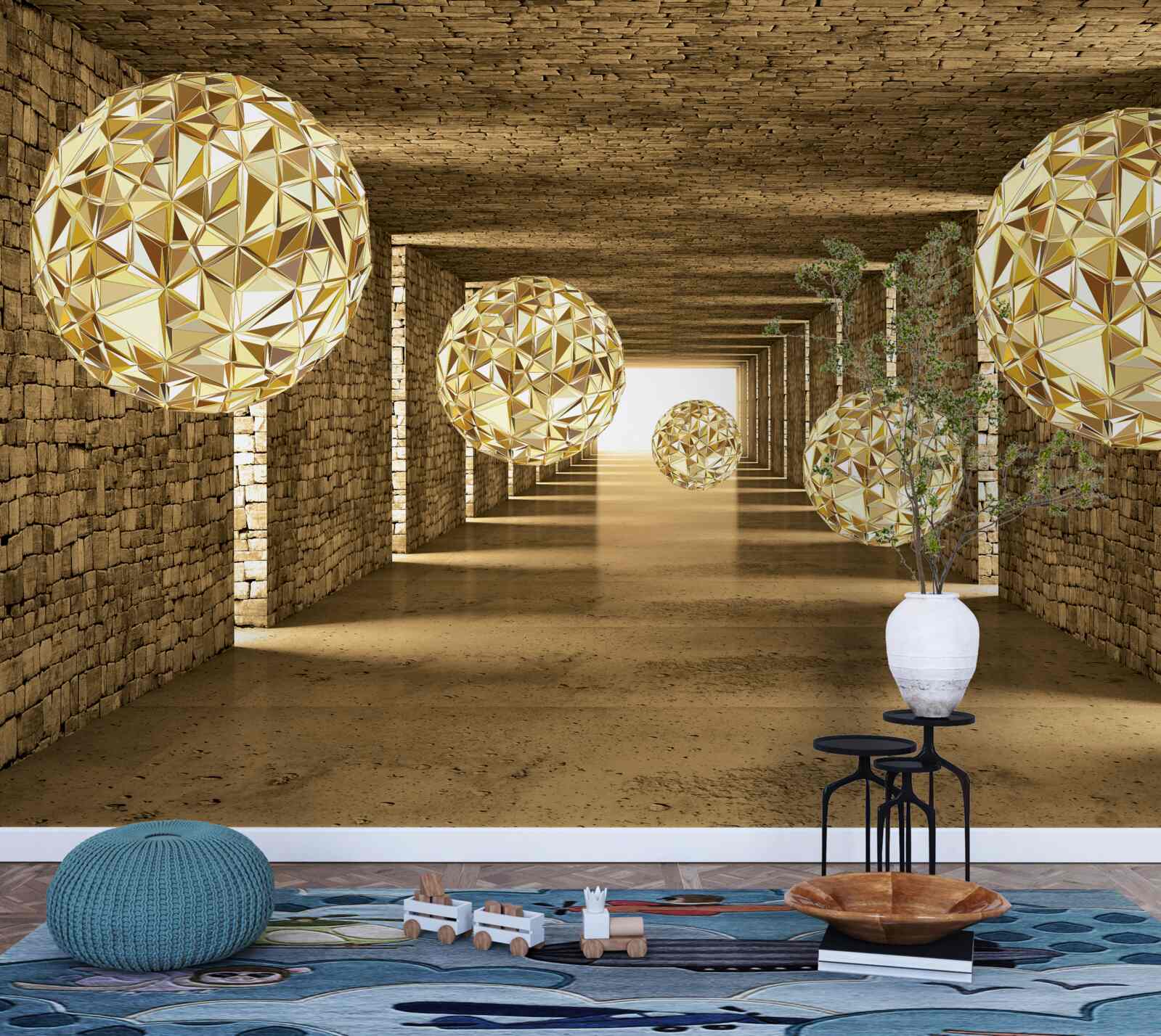 Fototapeta abstraktný obraz guľôčok a tunela v zlatých odtieňoch