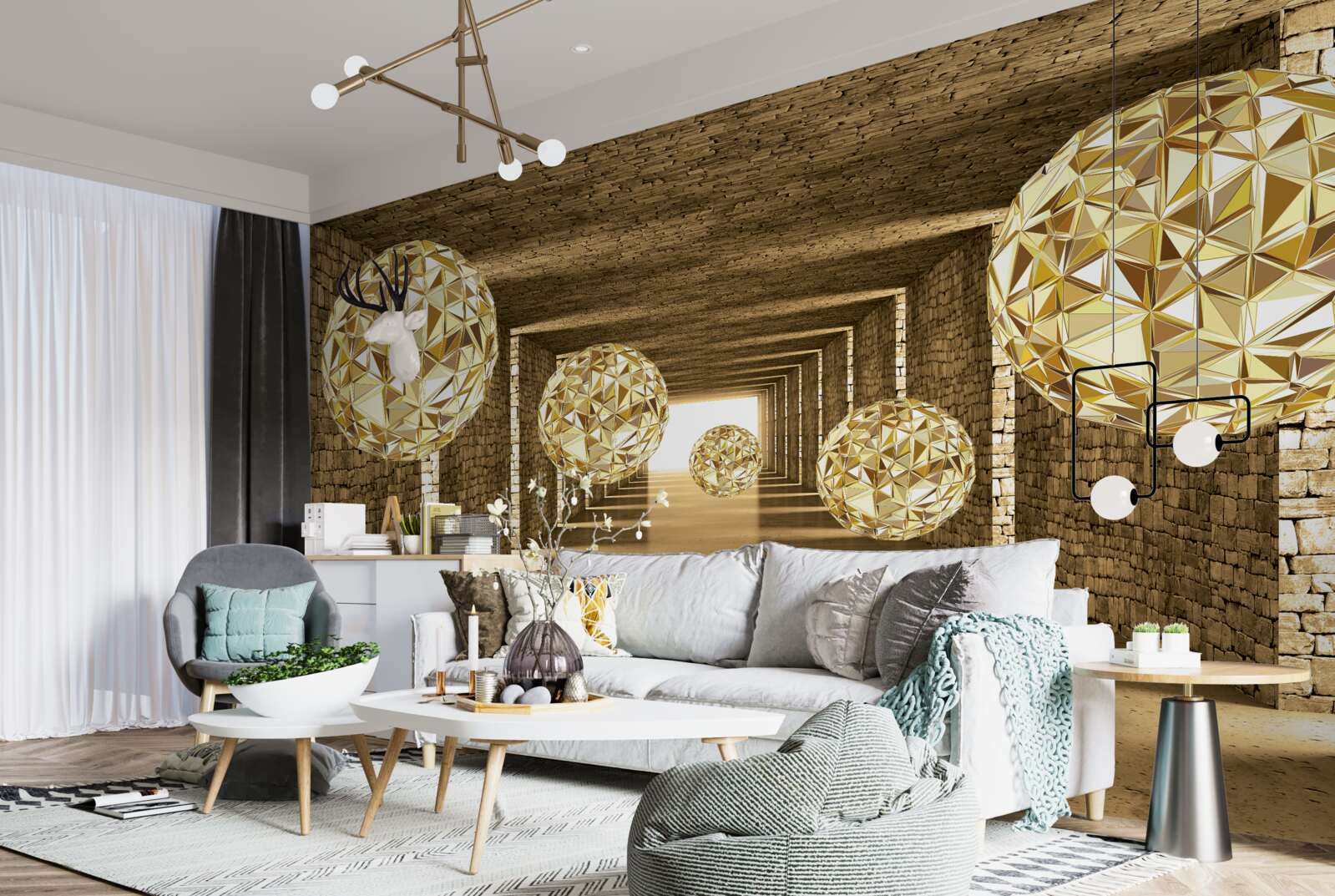 Fototapeta abstraktný obraz guľôčok a tunela v zlatých odtieňoch