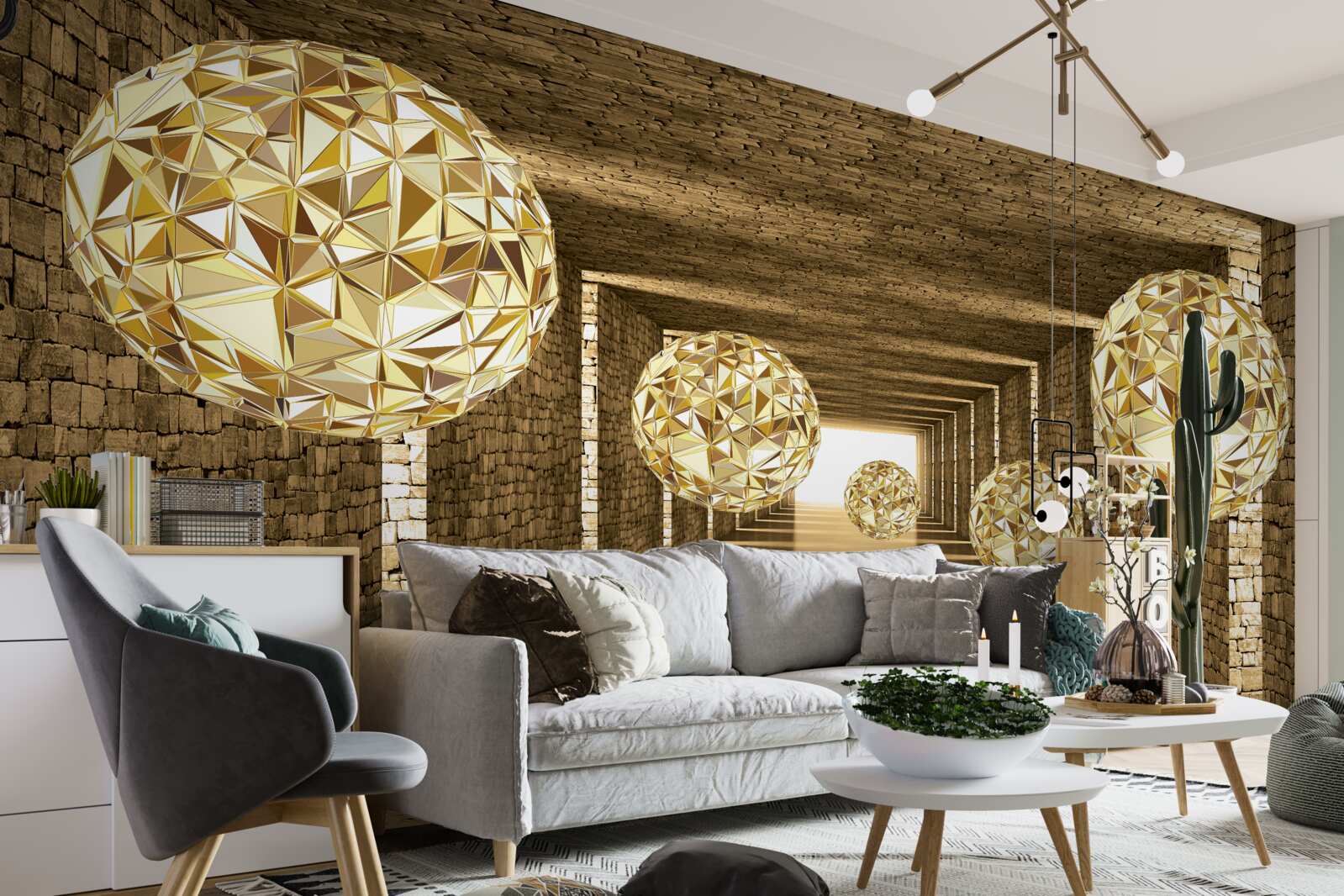 Fototapeta abstraktný obraz guľôčok a tunela v zlatých odtieňoch