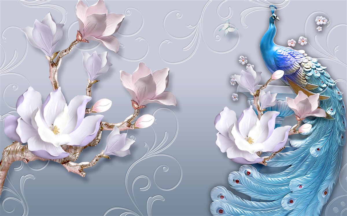 Fototapeta nádherný páv sediaci na rozkvitnutom strome