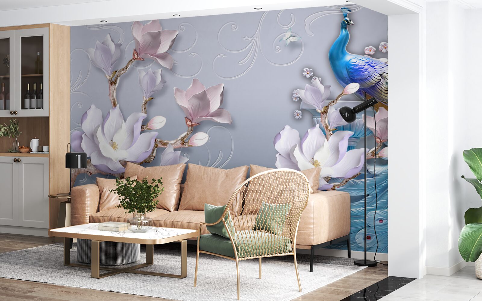 Fototapeta nádherný páv sediaci na rozkvitnutom strome