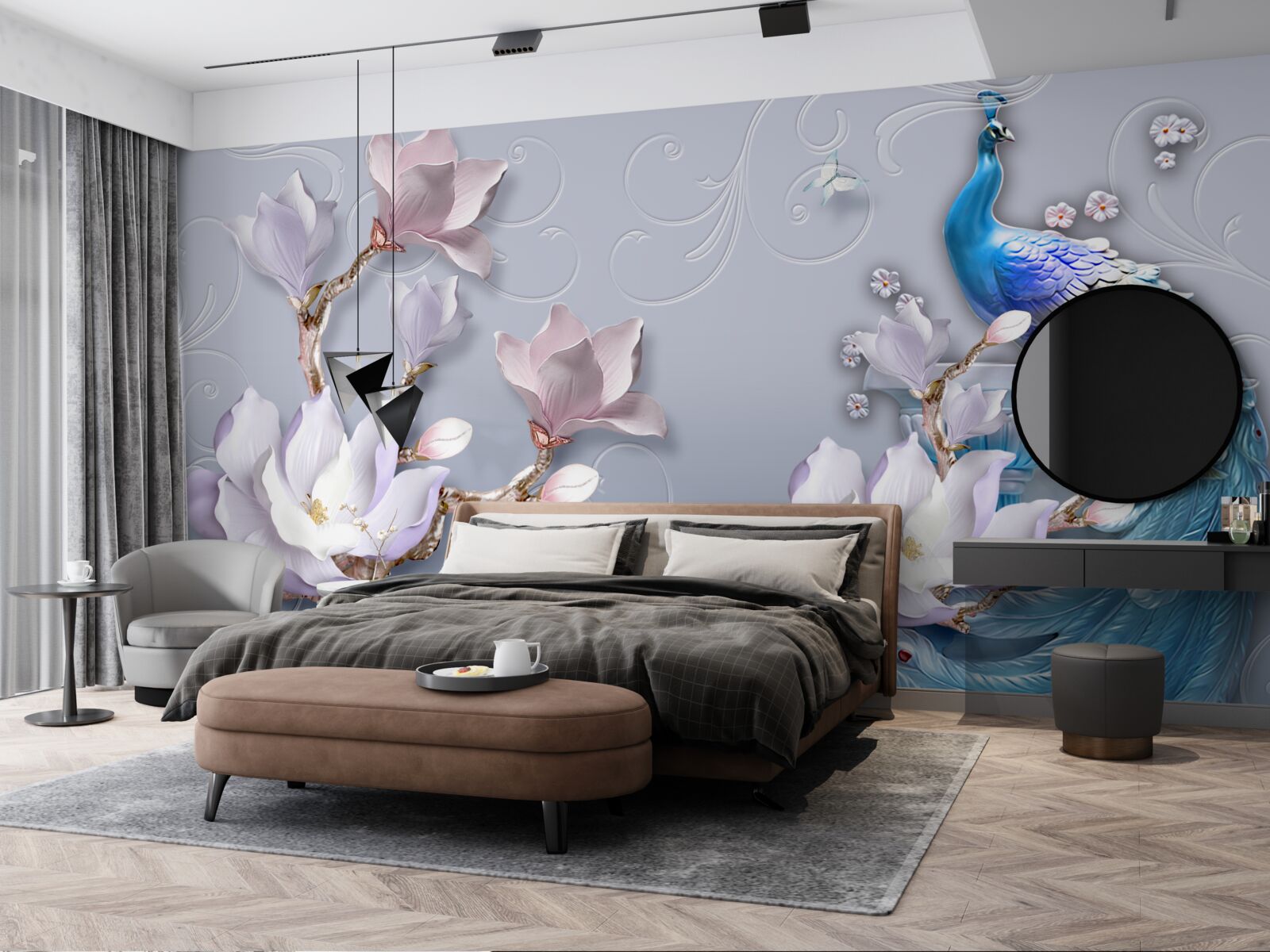 Fototapeta nádherný páv sediaci na rozkvitnutom strome