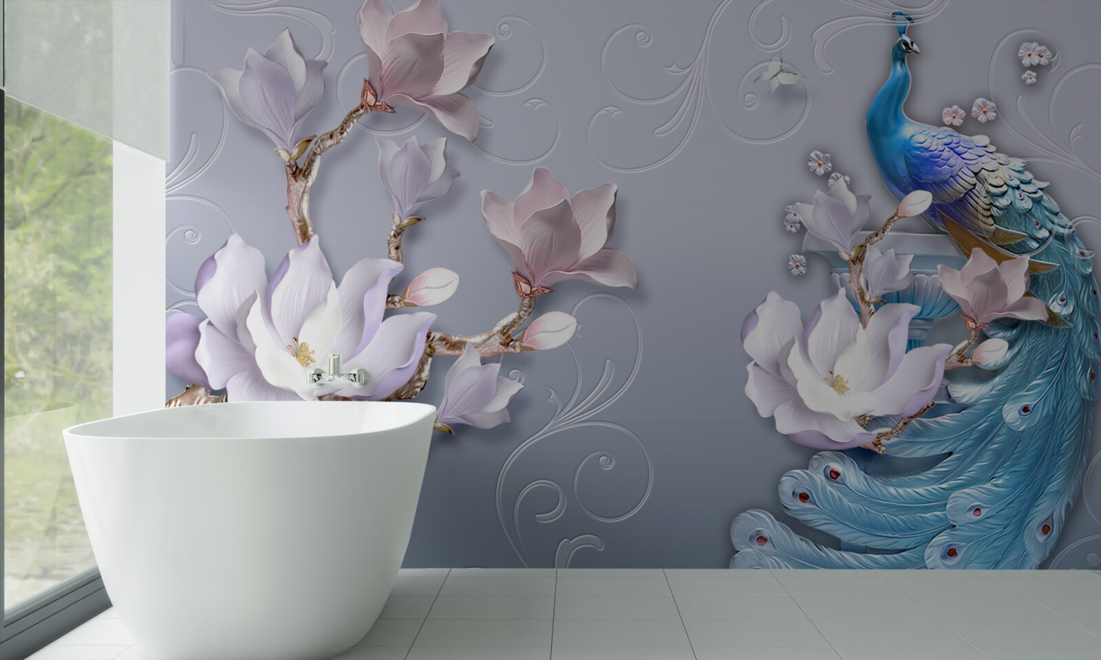 Fototapeta nádherný páv sediaci na rozkvitnutom strome