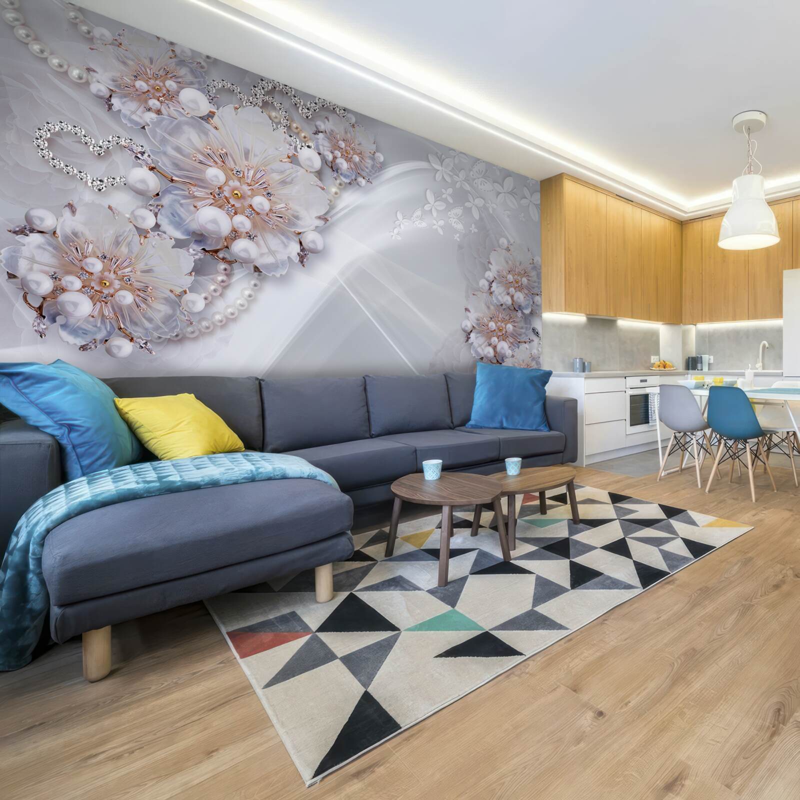 Fototapeta na hodvábe sú jemné kvietky zdobené perličkami