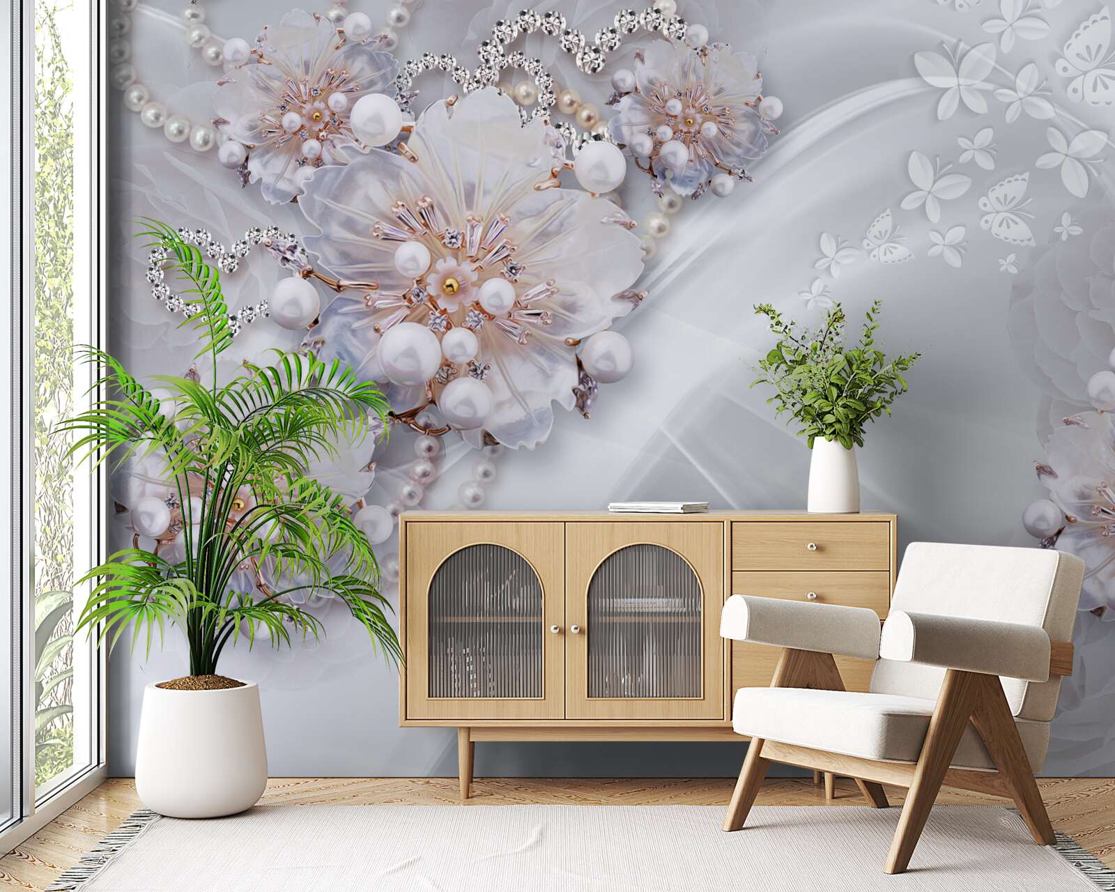 Fototapeta na hodvábe sú jemné kvietky zdobené perličkami