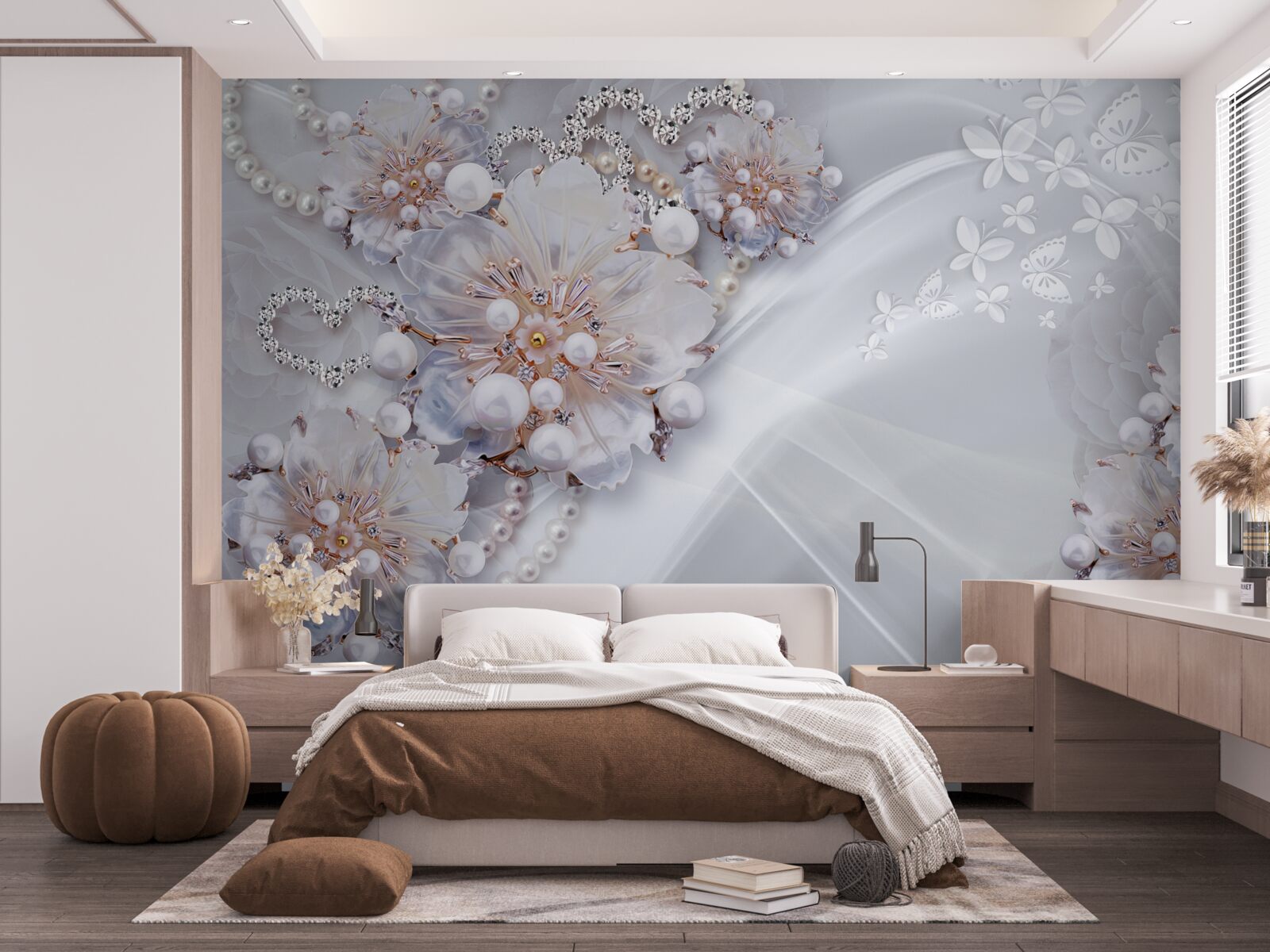 Fototapeta na hodvábe sú jemné kvietky zdobené perličkami