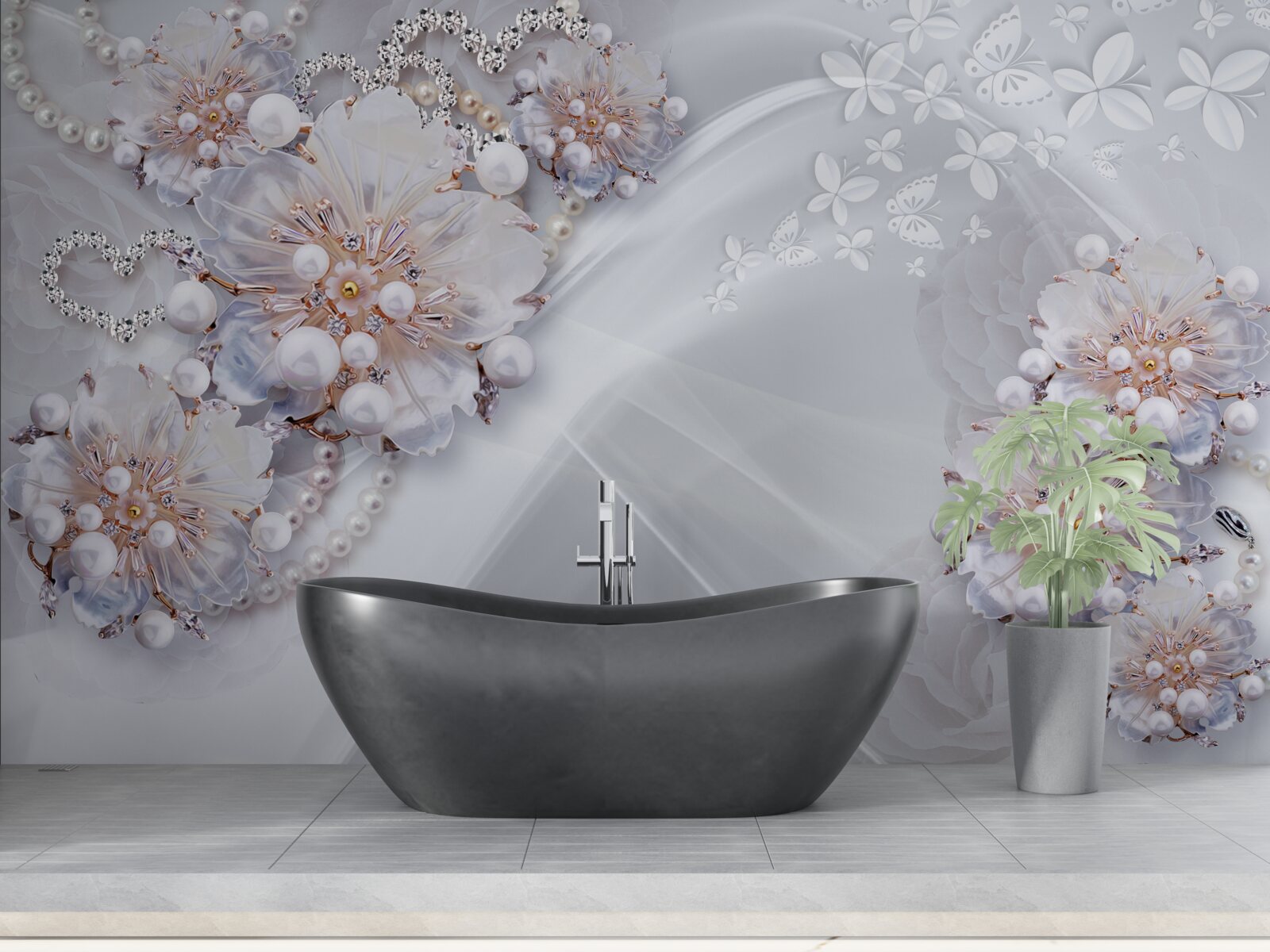 Fototapeta na hodvábe sú jemné kvietky zdobené perličkami