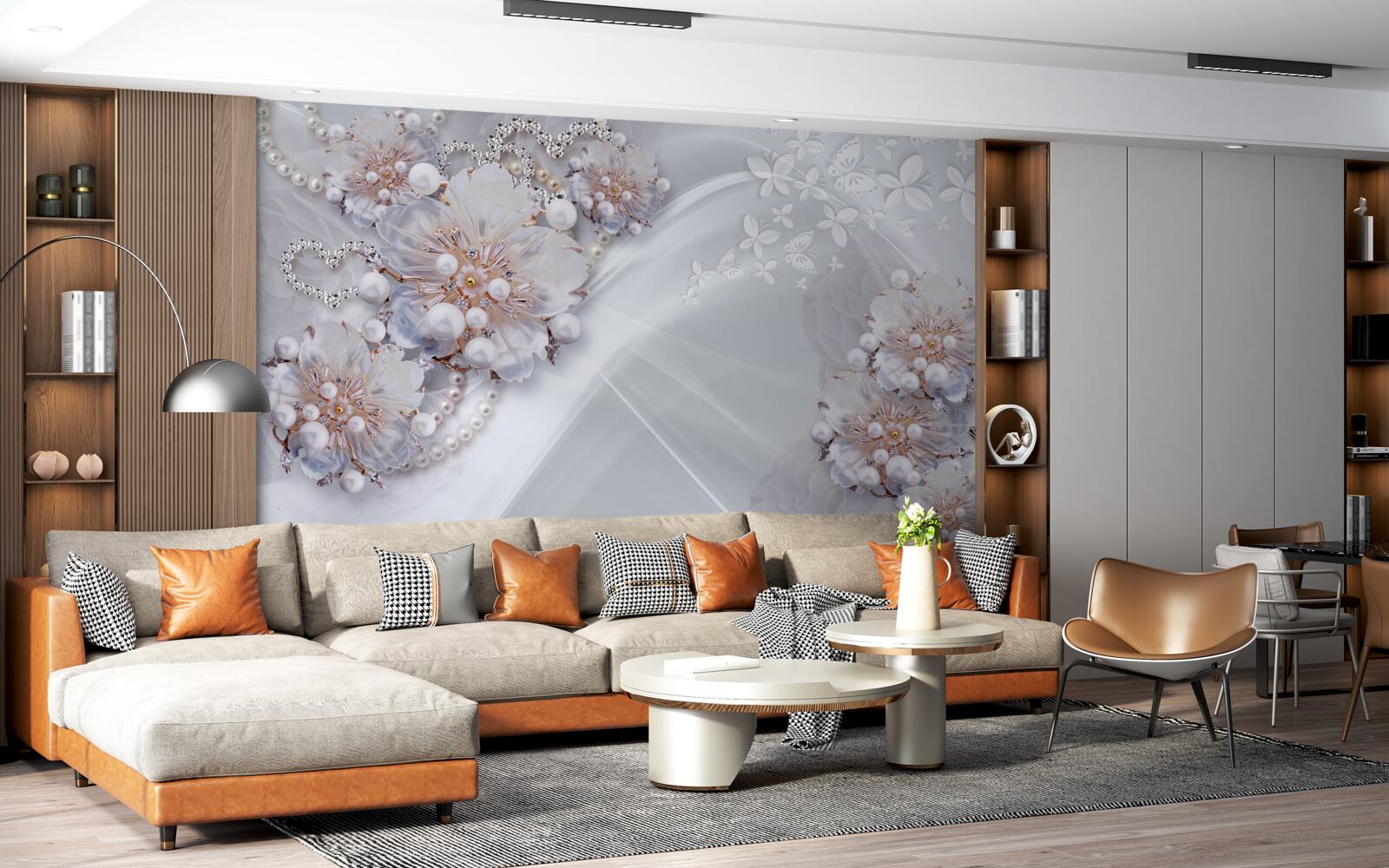 Fototapeta na hodvábe sú jemné kvietky zdobené perličkami